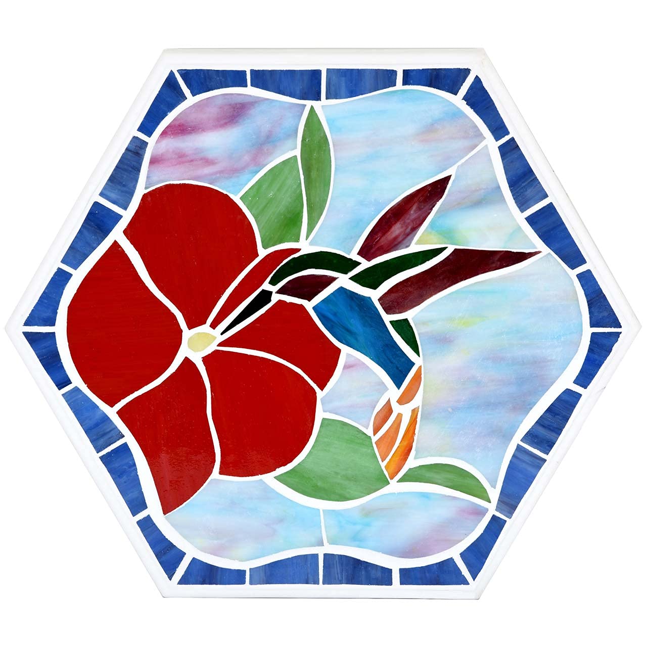 Bieye MSS003 Tiffany Style Stained Glass Mosaic Decorative Stepping Stone for Garden Decor (13" Hexagonal, Hummingbird)
