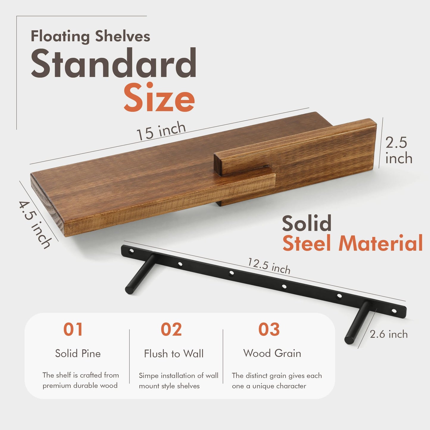 GRID FORTE Wood Floating Shelf Set of 2, 4.5D x 15W Inch Modern Reversible Wall Shelves, Minimalism Wall Mount Hardwood Shelves, Wall Decor for Bedroom Living Room Kitchen (Walnut)