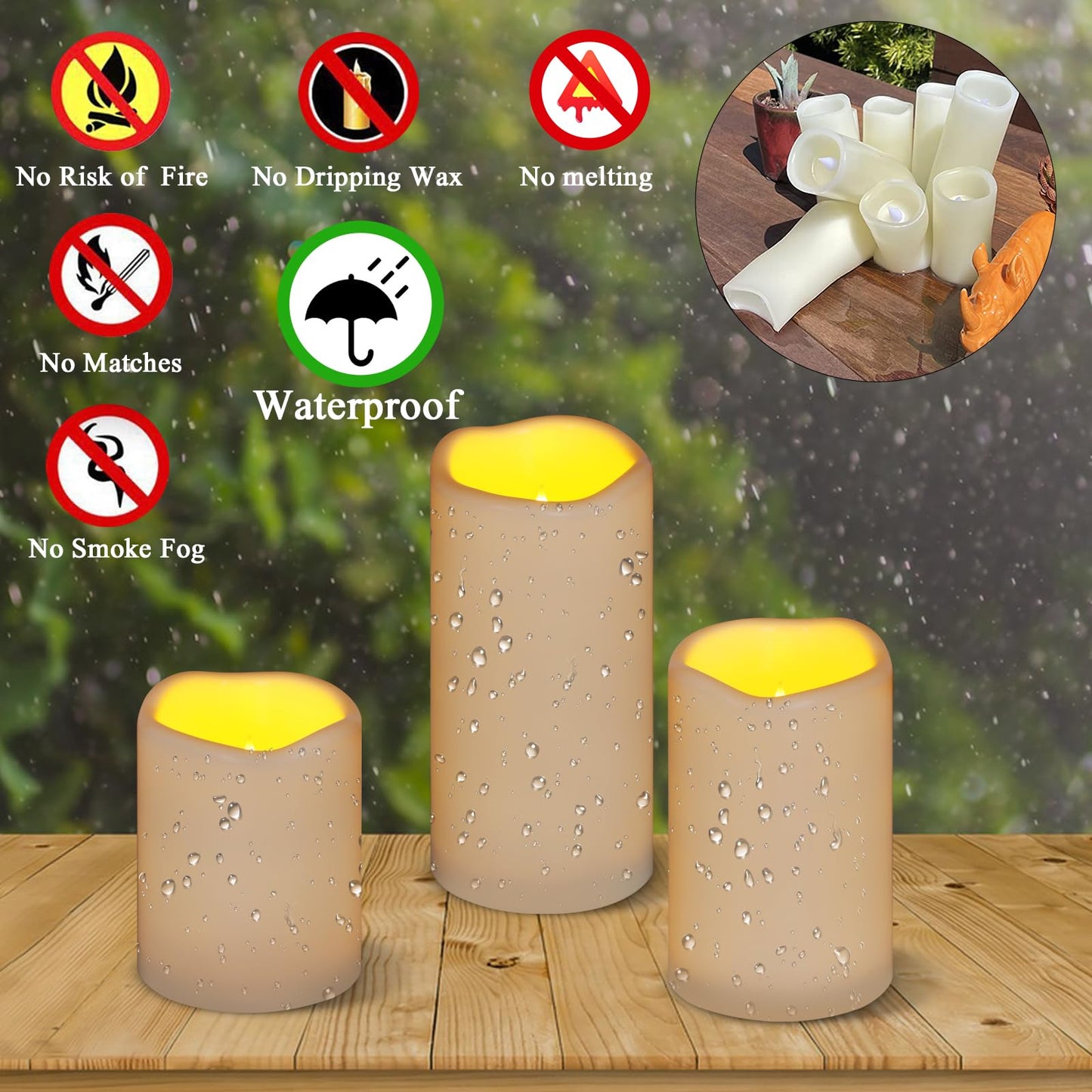 Flameless Candles 4" 5" 6" Set of 3 Ivory Outdoor Indoor Pillars 3" Diameter Battery Operated Flickering Candles Include 10-Key Remote Timer Function 400+ Hours Requires 2 AA Batteries（3 Pack)