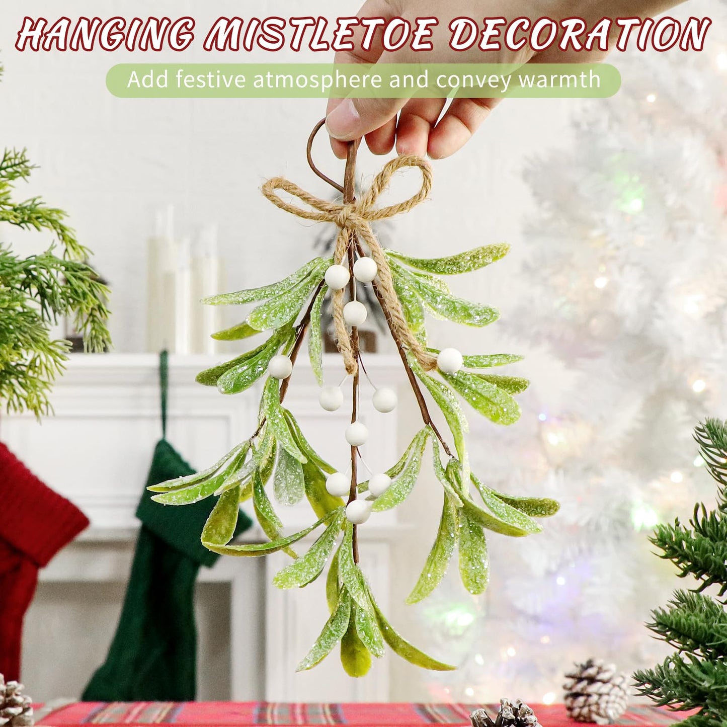2 Pcs Frosted Mistletoe Hanging Decorations, 10.6'' Artificial Mistletoe Ornament Hanging Kissing Ball with Berry for Christmas Winter Holiday Decor (2, White)