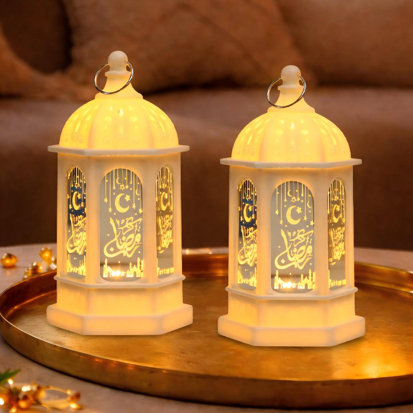 LED Ramadan Lanterns Decorations, Eid Decorations for Home and Table, Small Ramadan Lights with Hanging Rings, Moon & Star Eid Decor, Islamic Home Decor & Muslim Eid Gift (2 Pack)