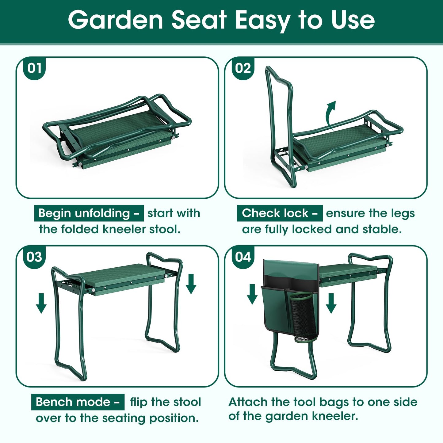 2-in-1 Garden Kneeler with Umbrella, Garden Kneeling Bench & Green Umbrella, Portable Garden Stool Loads Capacity 330lb and Garden Tools Bag with bottle holder, Gardening Gifts for Women,Men,Seniors