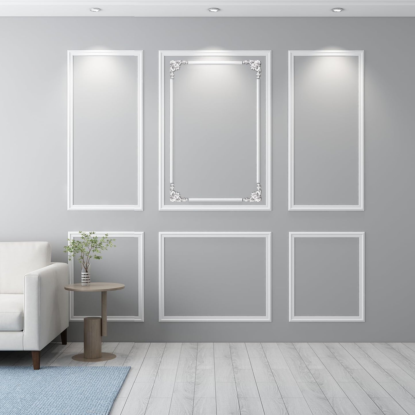 OUZUGIE 3 Set Wall Molding Kit with Flower Corner Pre-Cut Wainscoting Panels for Interior Wall Decor - Installed with Glue(Not Including) 3 Top 3 Bottom