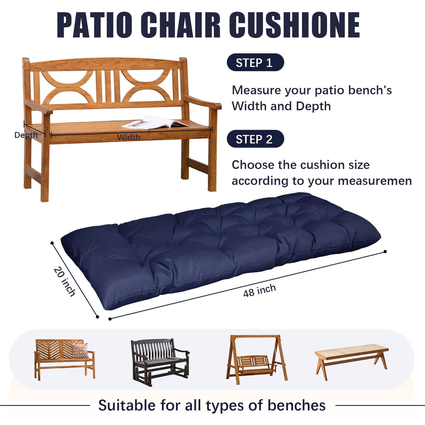 Gnostik Bench Cushion for Indoor/Outdoor Furniture, 48x20 Inch, Dark Grey Water-Repellent Long Bench Seat Pads for Garden, Porch Swing