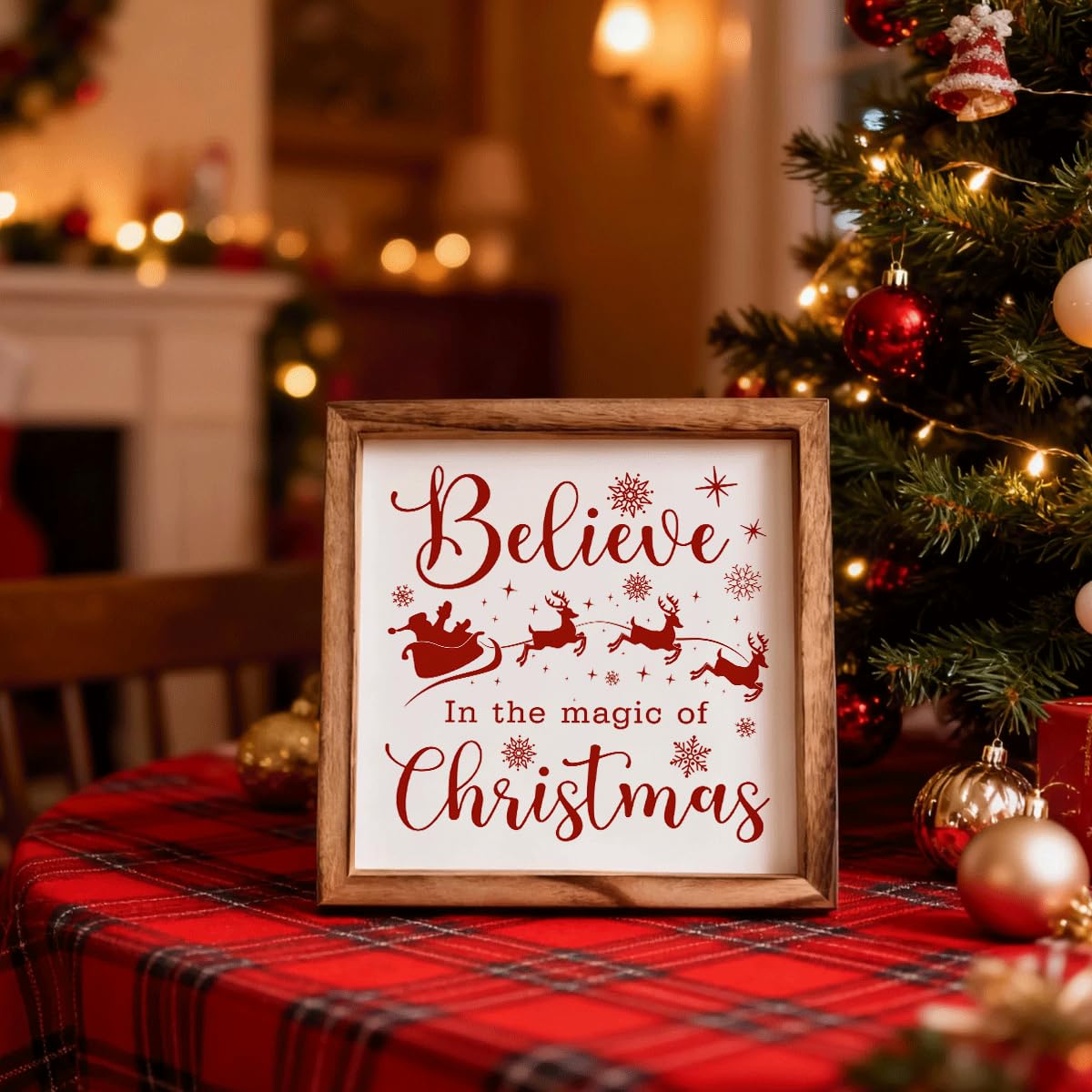 Christmas Wall Decor, Believe in the Magic of Christmas Quote Sign, Santa Sleigh Framed Wood Wall Accent for Cozy Living Room or Bedroom, MDF Holiday Hanging Plaque