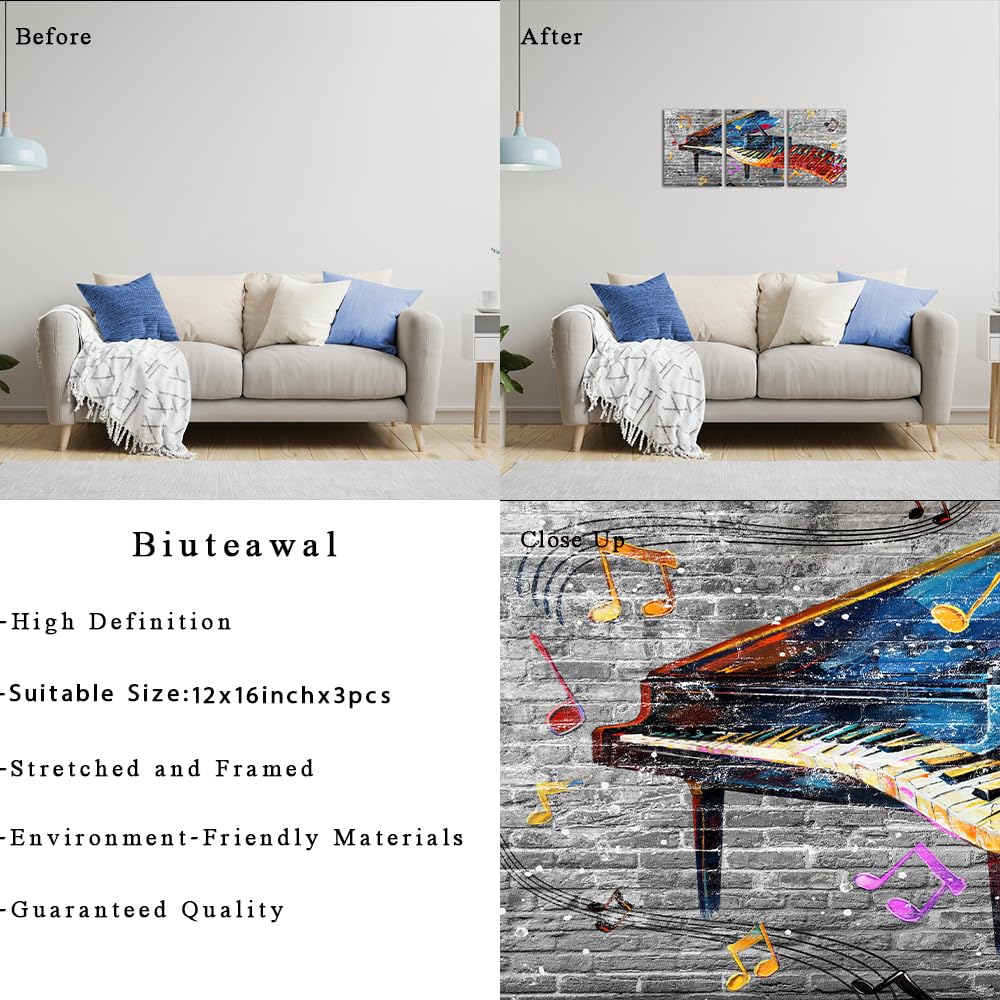 Biuteawal 3 Panels Piano Wall Art Musical Theme Painting Abstract Colorful Piano Keys Pictures Prints Music Room Decor Framed Ready to Hang