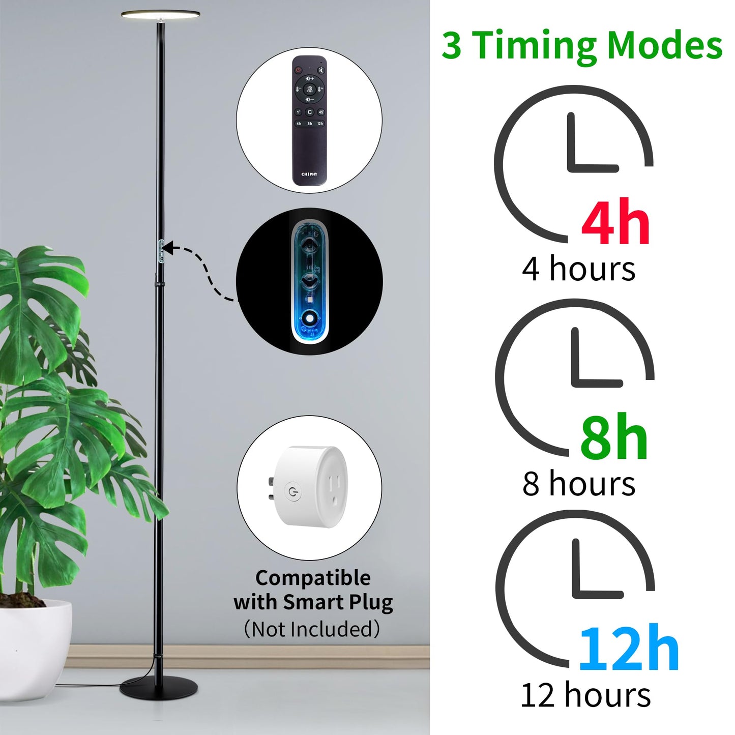 chiphy Grow Lights, 85" Full Spectrum Plant Light for Indoor Plants, 4/8/12H Timer, 40W Grow Lamp, 10 Dimmable Brightness, Height Adjustable, Ideal for Large Tall Plants