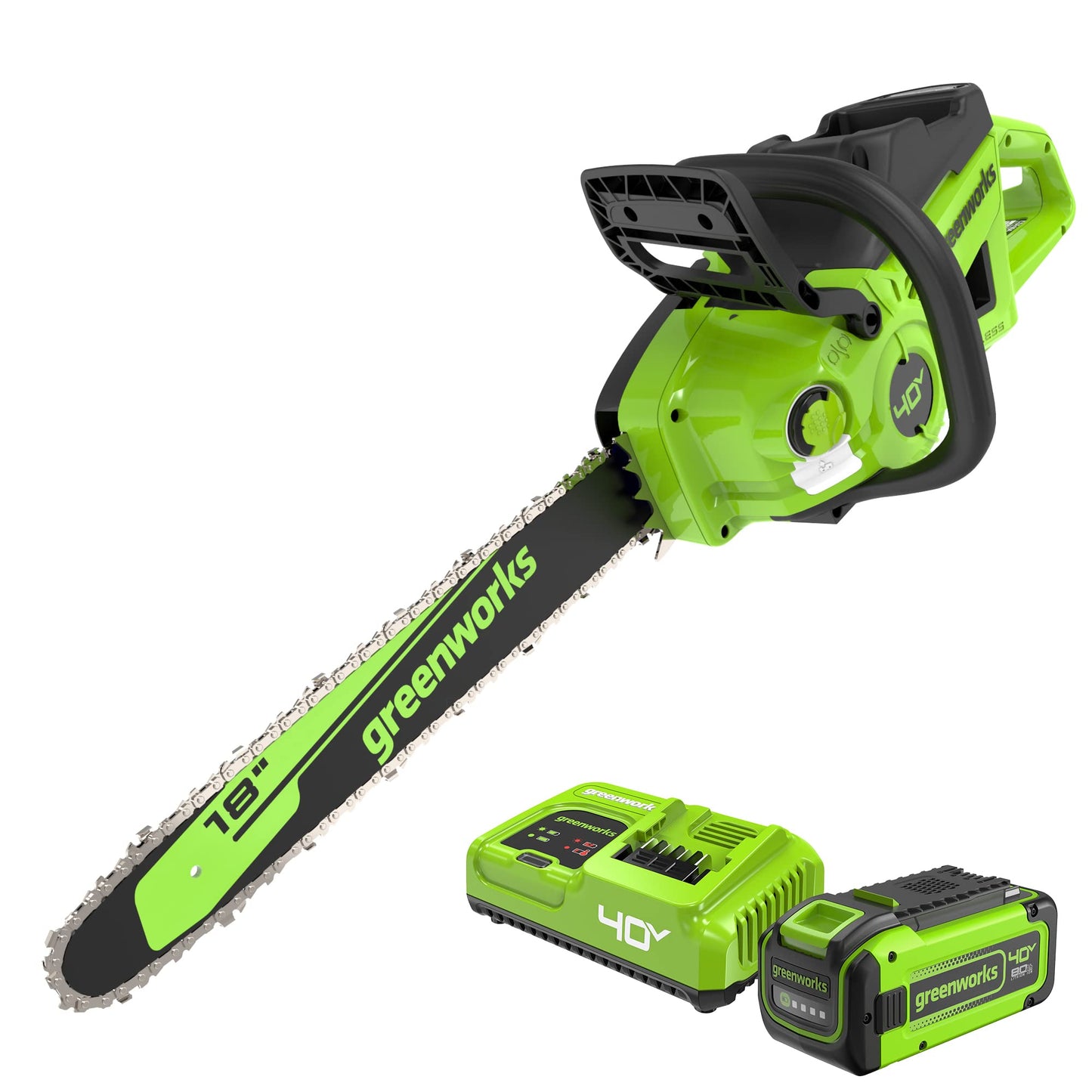Greenworks 40V 18" Brushless Cordless Chainsaw (Great For Tree Felling, Limbing, Pruning, and Firewood), 8.0Ah Battery and Rapid Charger Included
