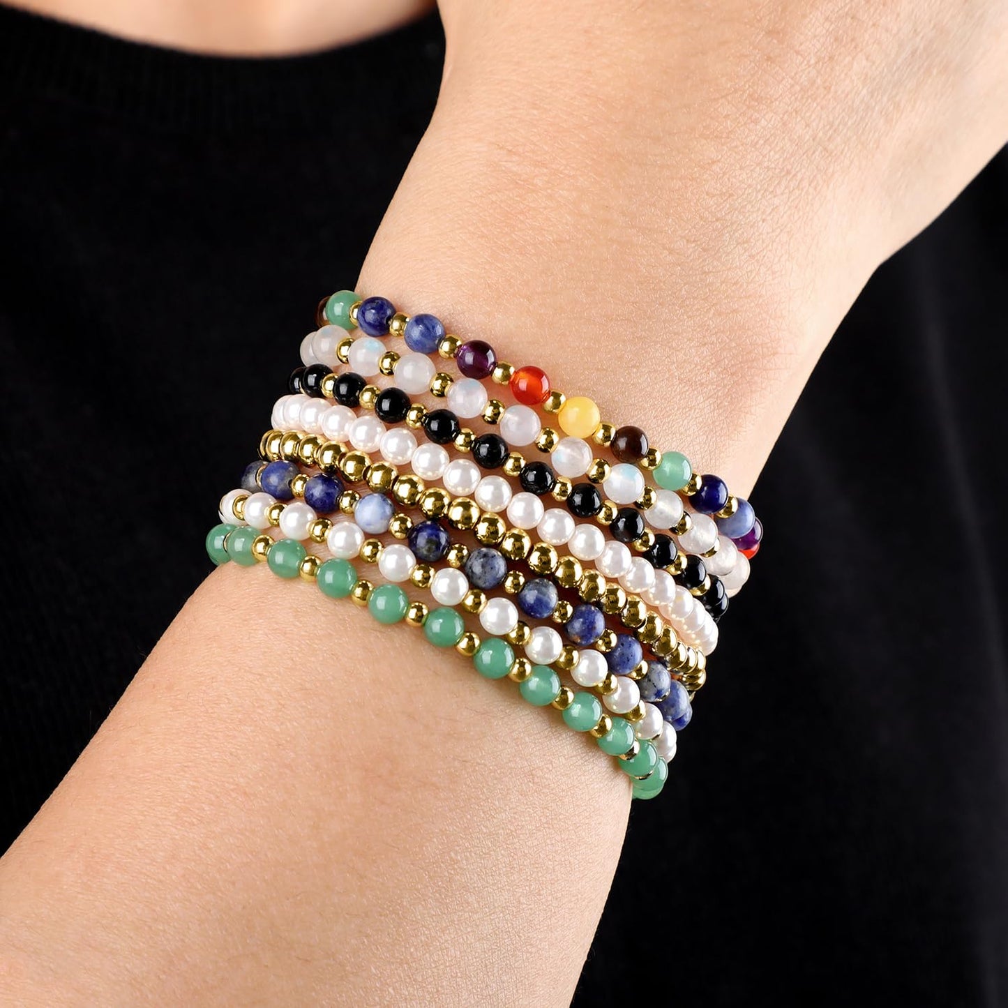 QOGIR 14K Gold Plated Beads Gemstone Stretch Elastic Dainty Handmade Beaded Bracelets for Women Gifts 4mm