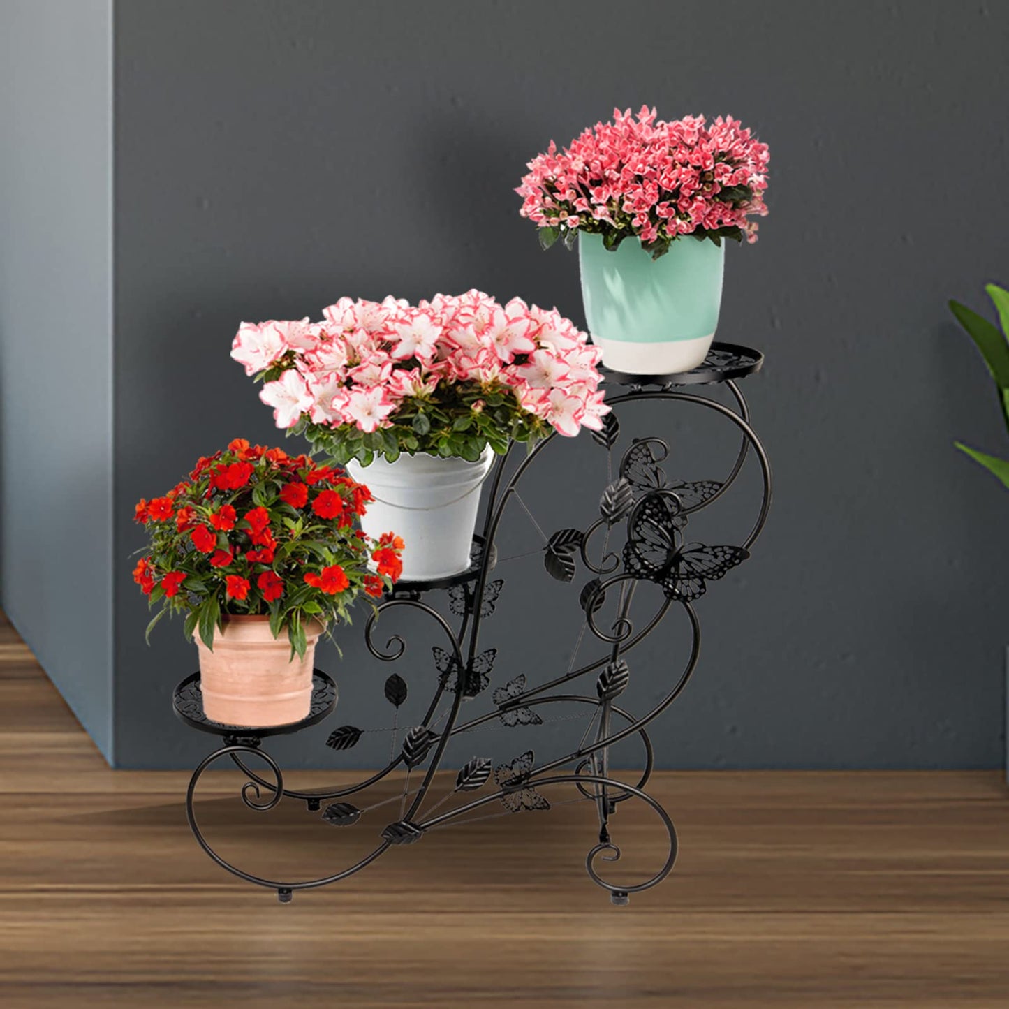 HLC Metal Plant Stand 3 Tier Flower Pot Holder Indoor Outdoor Plant Display Shelf Rack for Garden, Balcony, Patio, Corner, Living Room, Black