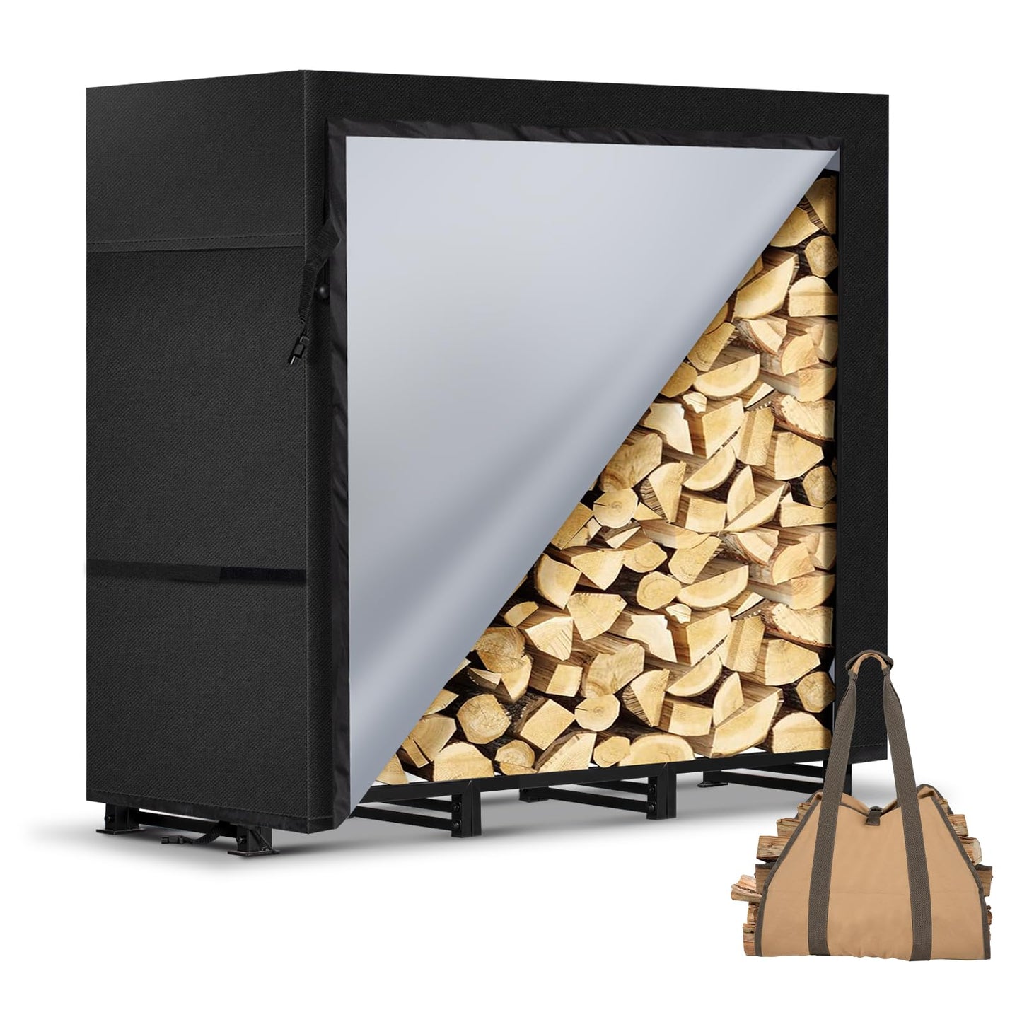 LOENIY 4ft Firewood Rack Outdoor with Waterproof Widened Cover, Heavy Duty Firewood Holder includes Carrier Bag, Powder-coated Wood Rack with Hooks, Firewood Storage Rack for Fireplace Deck Patio