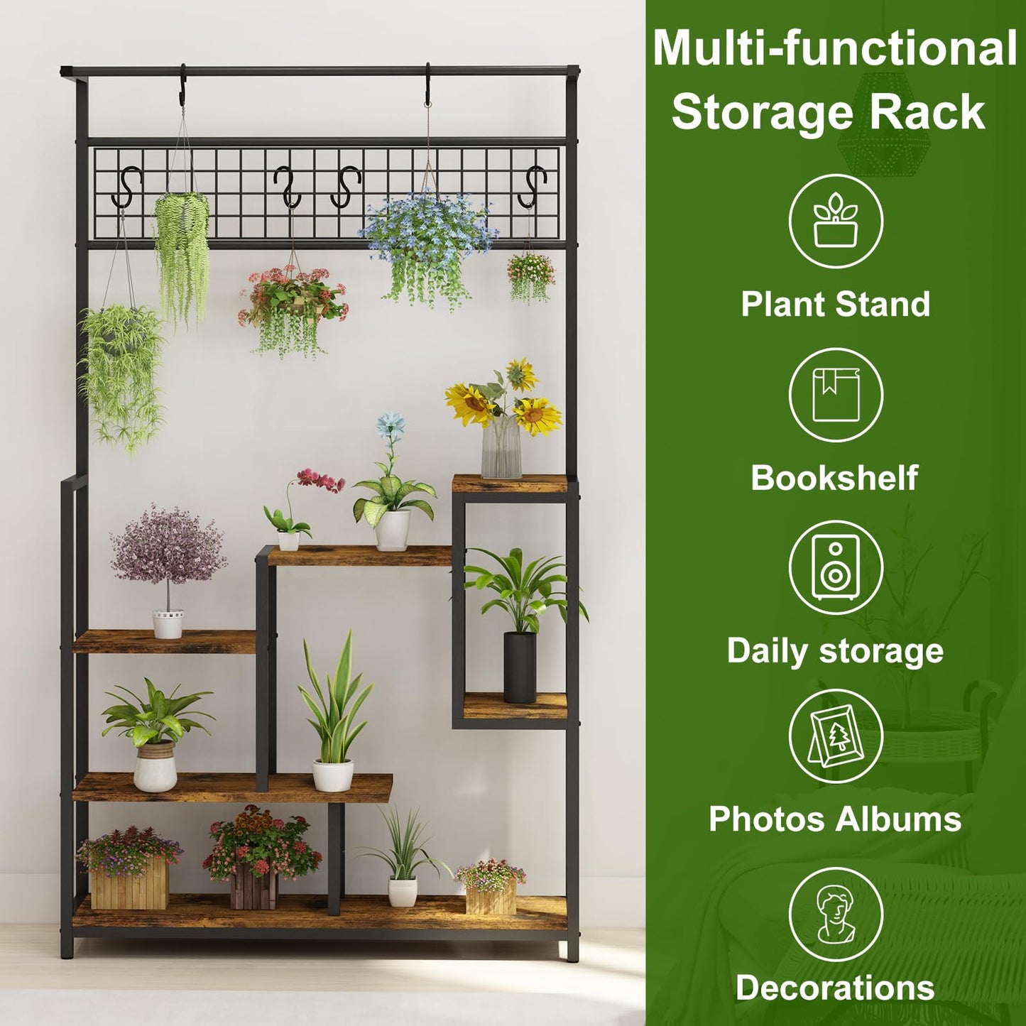 GarveeLife Plant Shelf with Grow Light, Tall Plant Stand Indoor, 7 Tiered Large Metal Shelf with Hanging Hooks, Multi-Purpose Display Rack, Flower Bonsai Pots Organizer for Balcony, Living Room