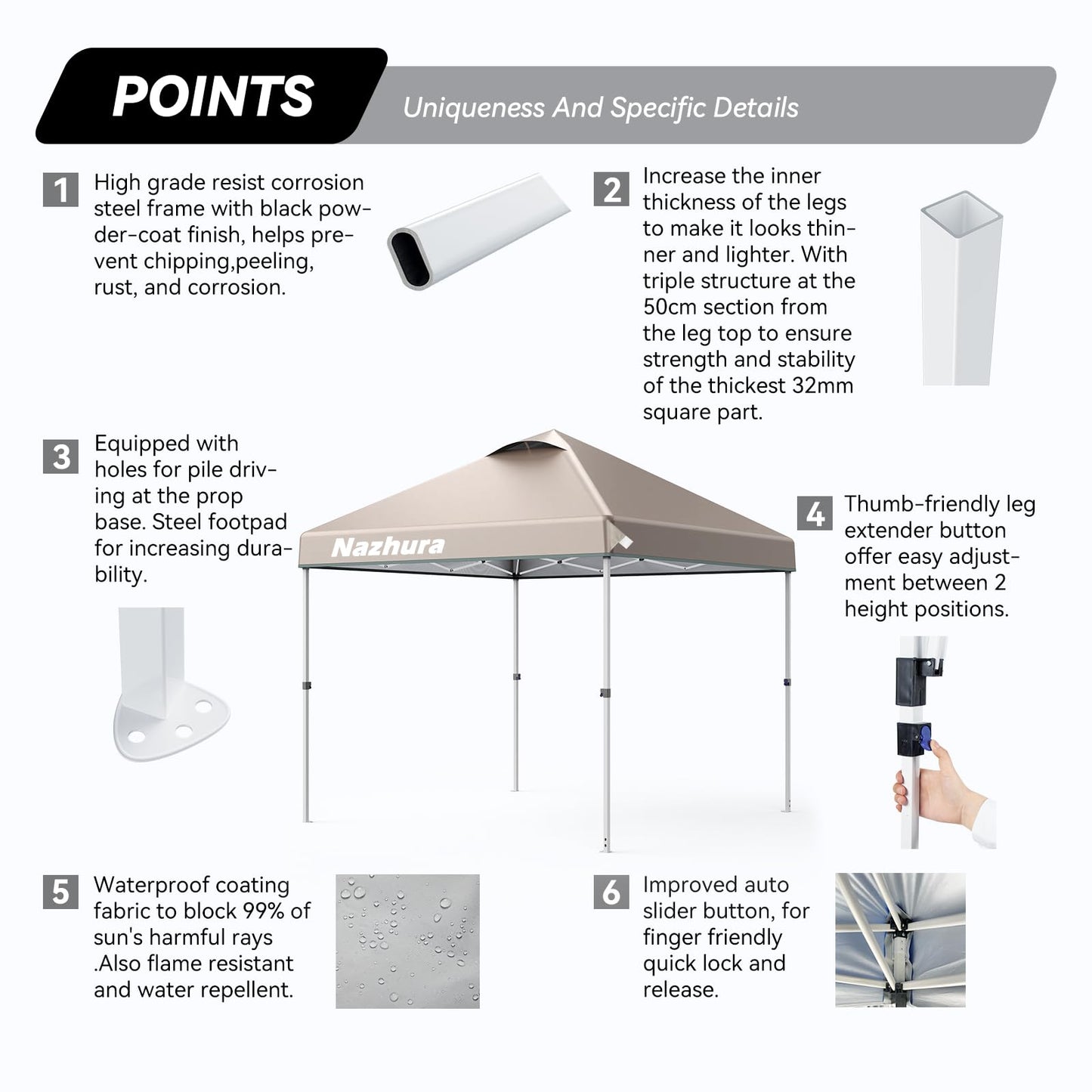 Nazhura 10' x 10' Pop Up Canopy Tent with Sand Weight Bag, Awing for Patio, Freestanding Sun Shelter for Picnic and Camping, One Person Setup, White (Kahki)