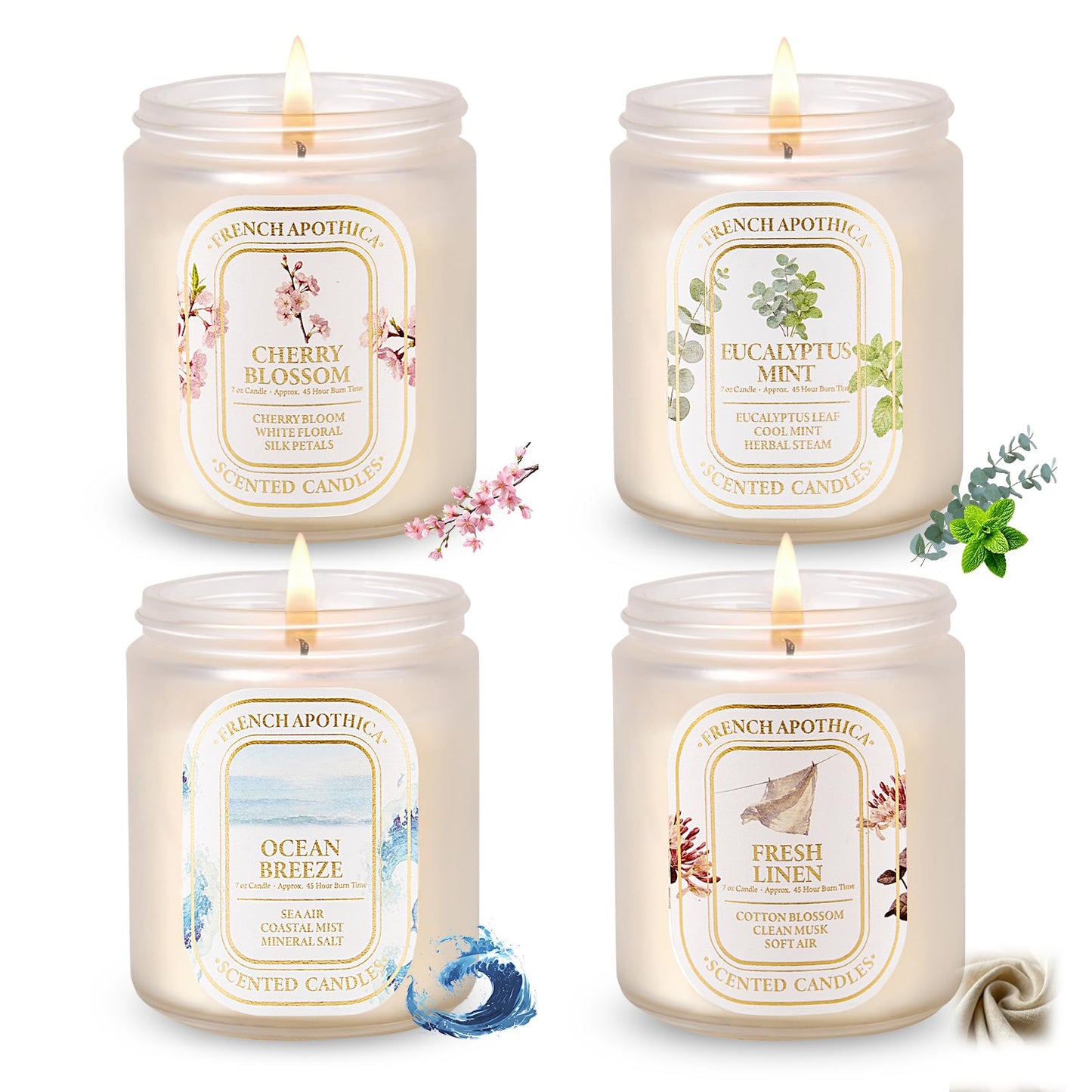 Scented Candle Gift Set, 4 Pack 7oz Natural Soy Wax Aromatherapy Candles, Fresh Linen, Ocean Breeze, Cherry Blossom, Eucalyptus Mint, Ideal Gifts for Women