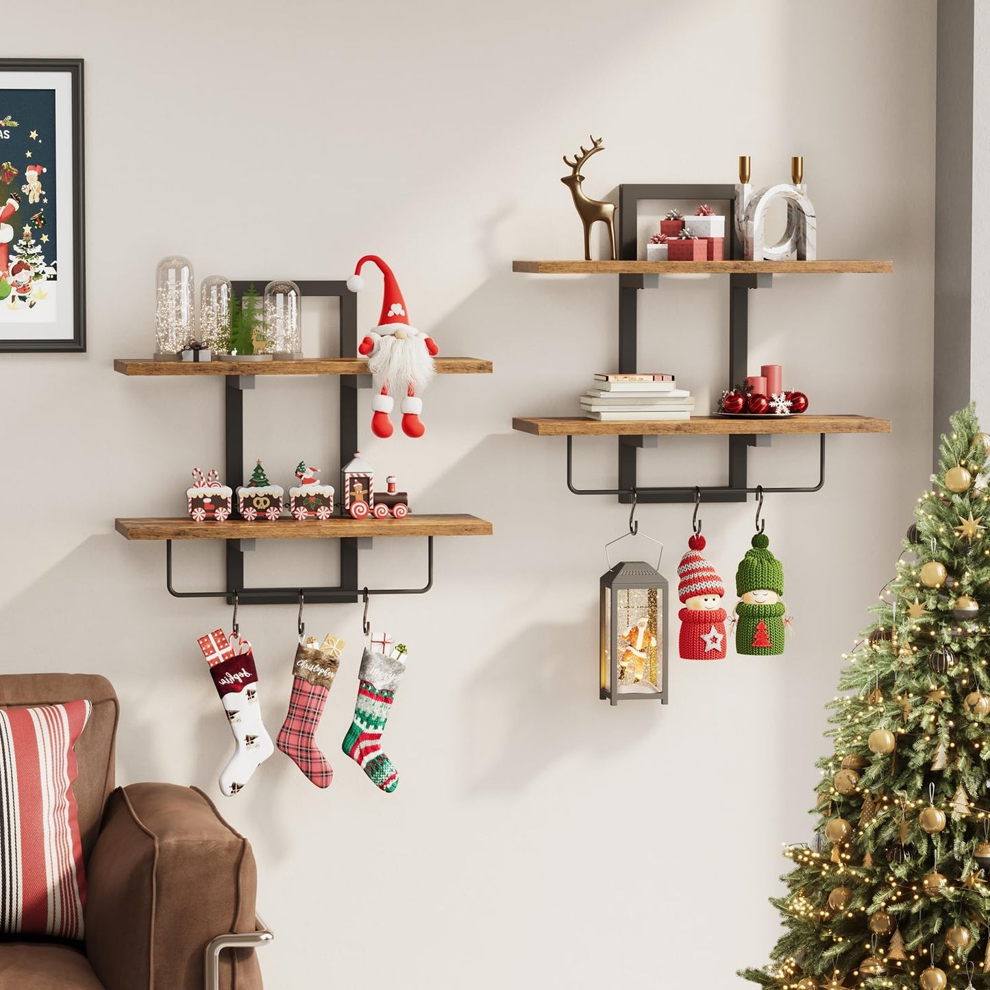Creso hom Floating Shelves for Wall Set of 2, Wood Wall Shelf with 6 Hooks, 2 Tier Hanging Decorative Storage Shelves for Living Room Bedroom Bathroom Kitchen Office Coffee Bar, Rustic Brown