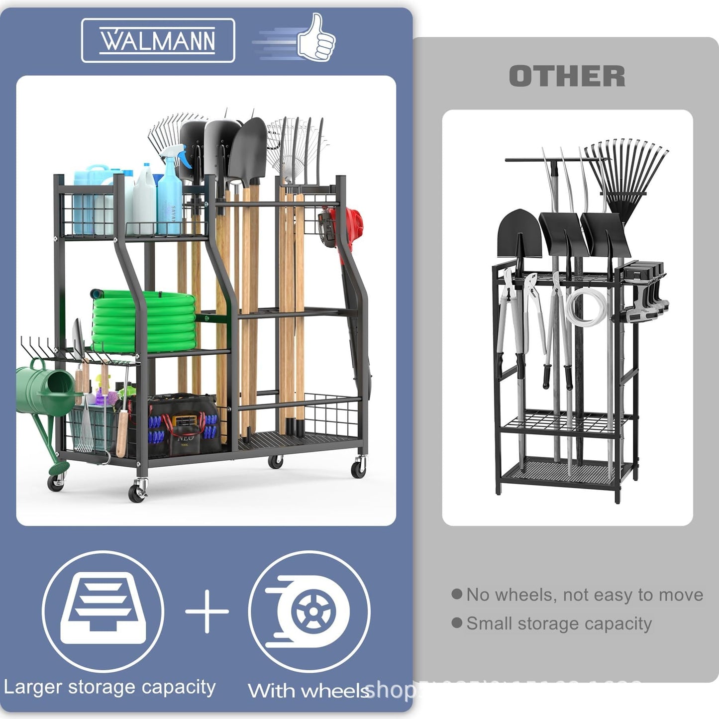 Extra Large Garden Tool Organizer Rack with Wheels, 3x2 Heavy Duty Garage Storage Stand Holds 60+ Tools, Black