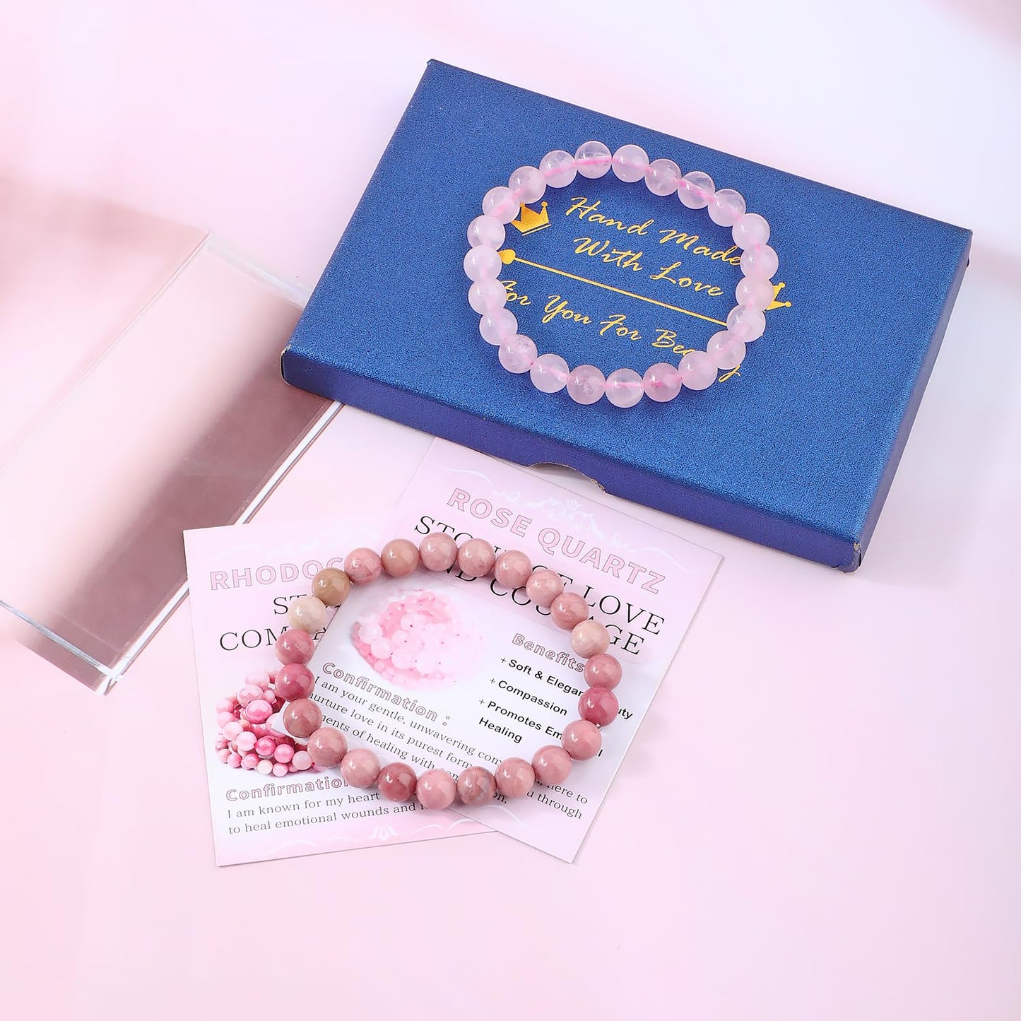 NCB 2-Piece 8mm Natural Crystal Gemstone Stretch Bracelets – ﻿Pink Quartz, Rhodochrosite Handmade Reiki Energy Healing Jewelry for Meditation,Yoga, Unisex