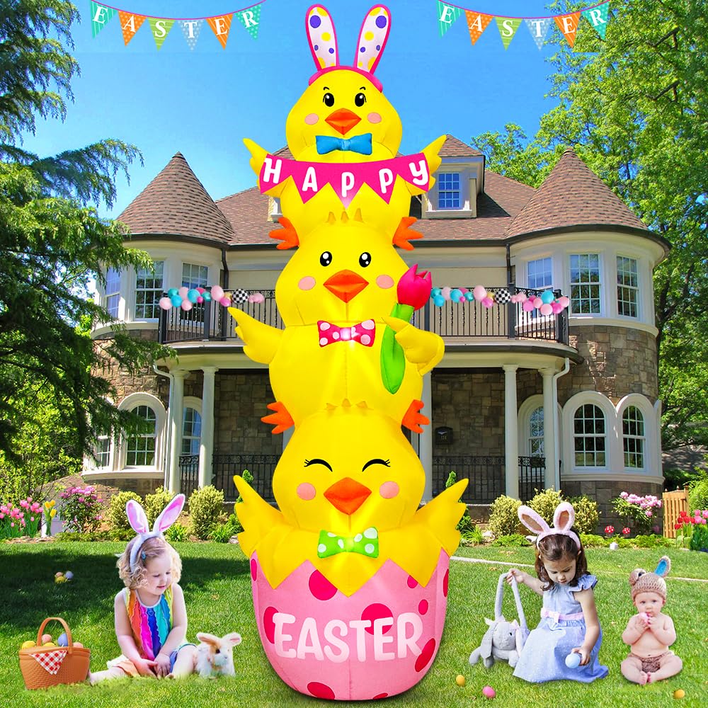 7.1FT Easter Inflatable Outdoor Decoration Inflatable Three Chicks, Built in LED Lights Blow Up Yard Decoration for Lawn Garden Holiday Party