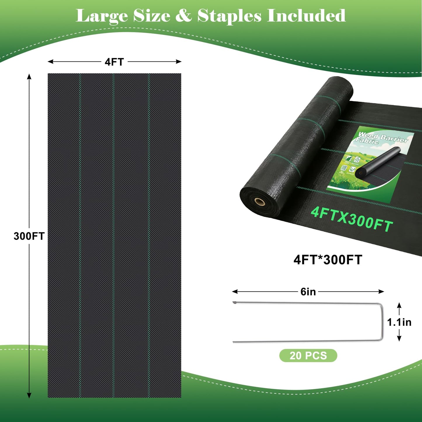 FEED GARDEN 4FT x 300FT Landscape Fabric Weed Barrier Fabric, Heavy Duty 3.2oz Weed Control Mat, Weed Blocker Ground Cover Geotextile Fabric for Gardening, with 20 U-Shaped Stakes