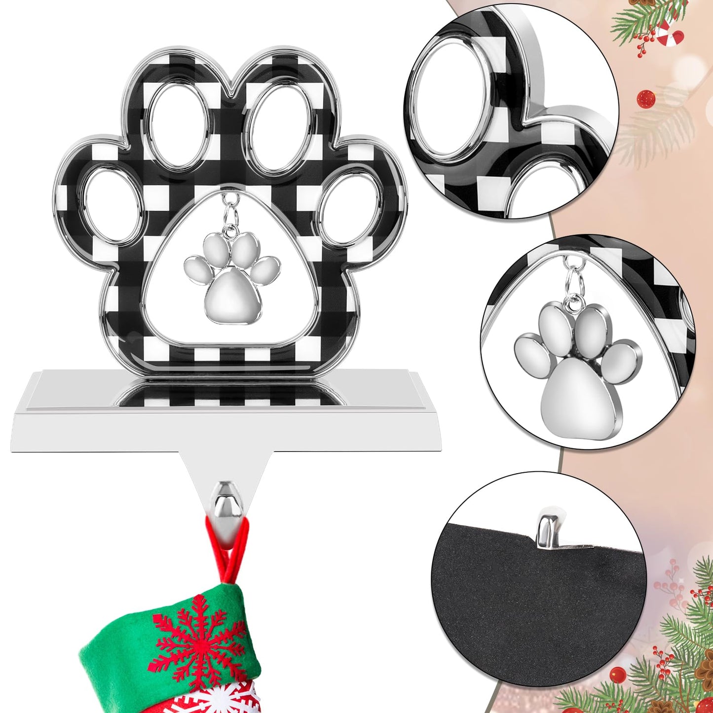 Abilat Dog Paw Christmas Stocking Holder, 3D Silver Metal Stocking Holder with Pendant Black Buffalo Plaid Pet Stocking Hangers for Mantle Fireplace Table Christmas Decoration (Black and White)
