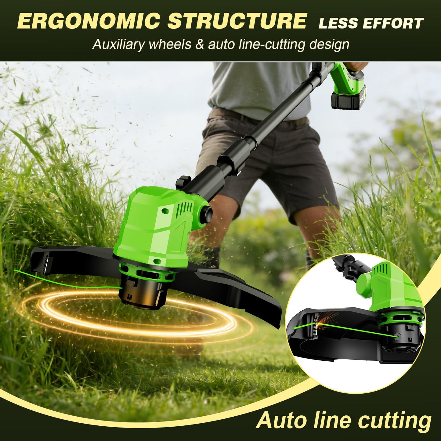 Amiluo 3 in 1 Cordless String Trimmer & Edger, 21V Battery Powered Weed Wacker with Wheels, 2 x 3.0Ah Batteries & 8 Spools, 14" Electric Weed Trimmer, Grass Trimmer for Garden, Lawn and Yard Care