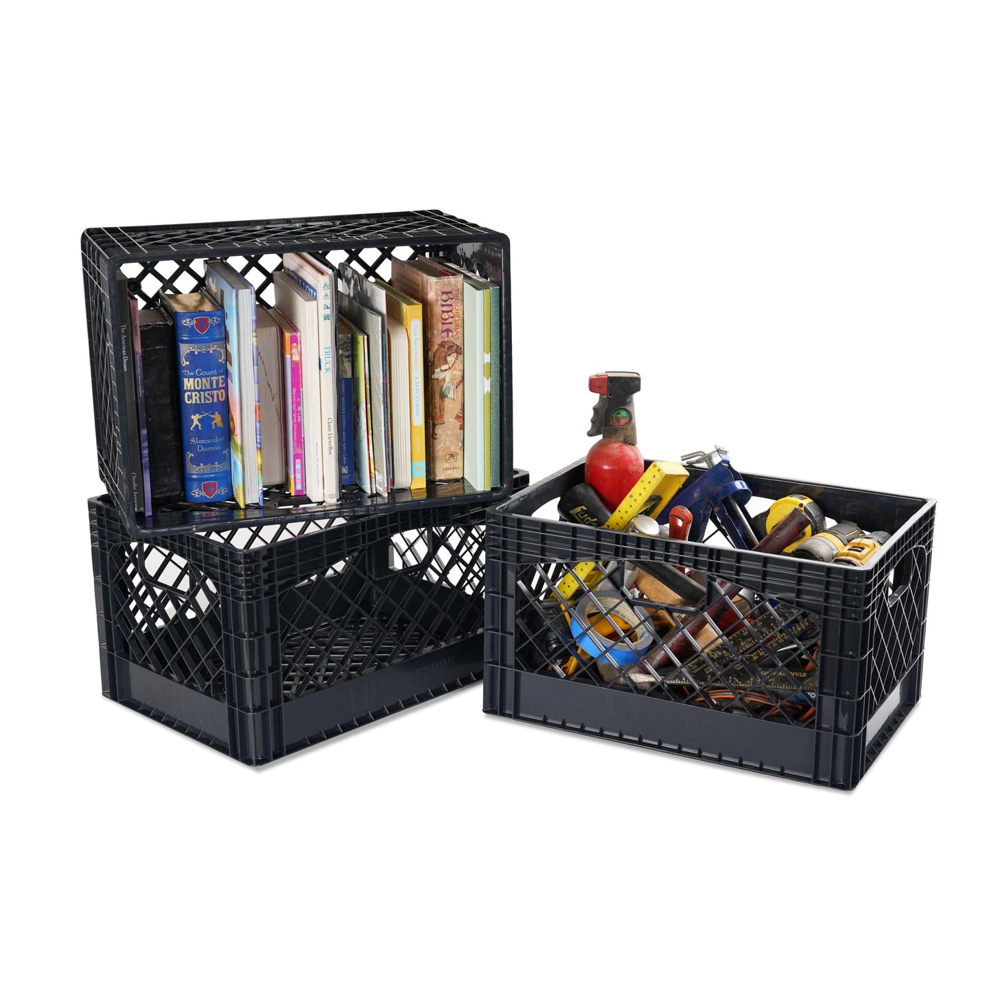 HORSESHOE STORAGE Stackable Milk Crates, 3 Pack, Kitchen Work Commercial Garage Totes, 24 Quart, Heavy Duty Plastic, Black, 19" L x 13" W 11" H