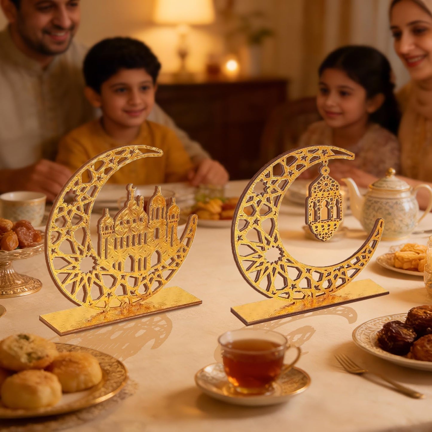 Ramadan Eid Decorations, 2 Pieces Wood Eid Decorations for Home, Gold Islamic Crescent Moon & Mosque Table Sign, Eid Mubarak Kareem Home Decor Art Craft for Muslim, Eid Centerpieces Decor