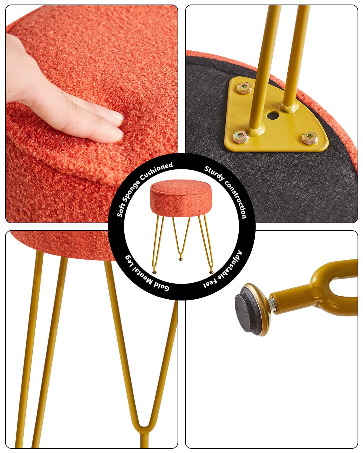 IBUYKE Teddy Velvet Round Footrest Stool Ottoman, Makeup Vanity Stool Side Table, Velvet Dressing Table Seat, Pouf Couch Stool, for Living Room Bedroom, Orange WBD009J
