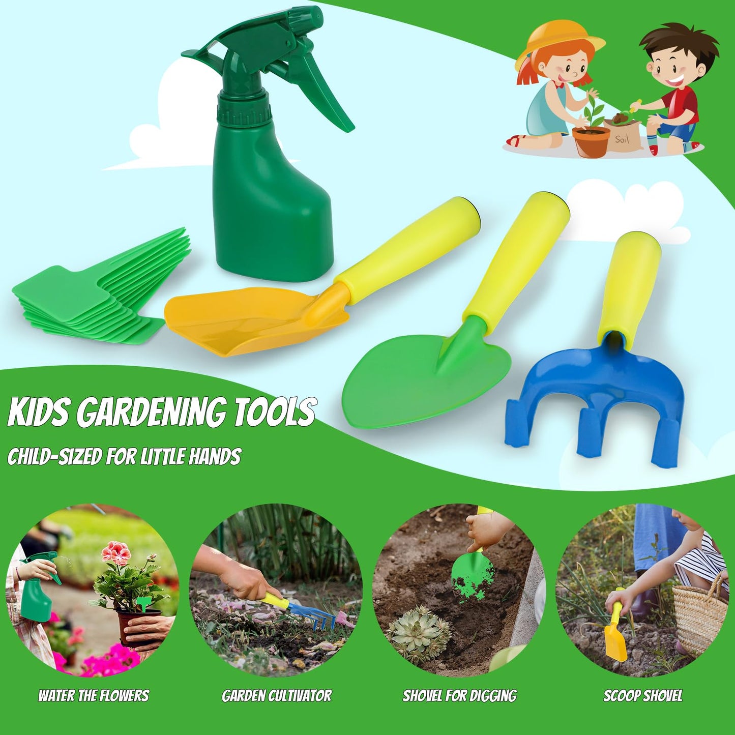 Magic4U Kids Gardening Tools Set, 22 Pcs Metal Garden Tools Toys with Apron, Gloves, Wood Handle Shovel, Rake, Hoe and Leaf Rake, Outdoor Digging Toys Gifts for Kids Age 3+