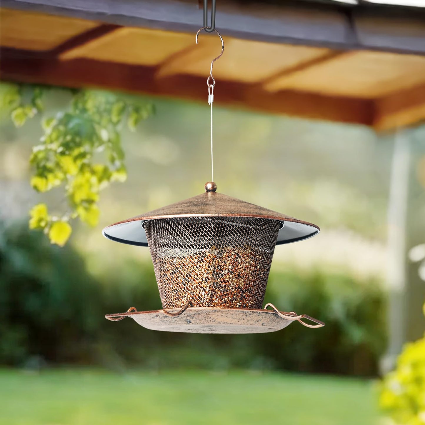 Samhe Bird Feeder for Outdoor, Rainproof Weatherproof Metal Hanging Wild Bird Feeder with 9.8" Roof 3 LBs Seeds Capacity, Easy to Clean & Refill