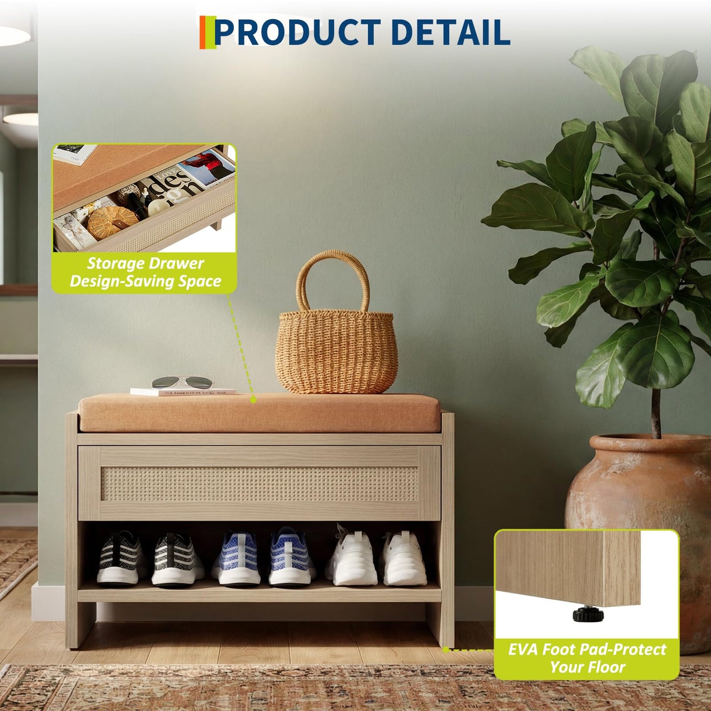 Garvee 32" L Farmhouse Shoe Bench with Storage Drawer & Linen Cushion – Wooden Entryway Bench with Open Shelf for Hallway, Bedroom & Living Room Organization,Light Oak