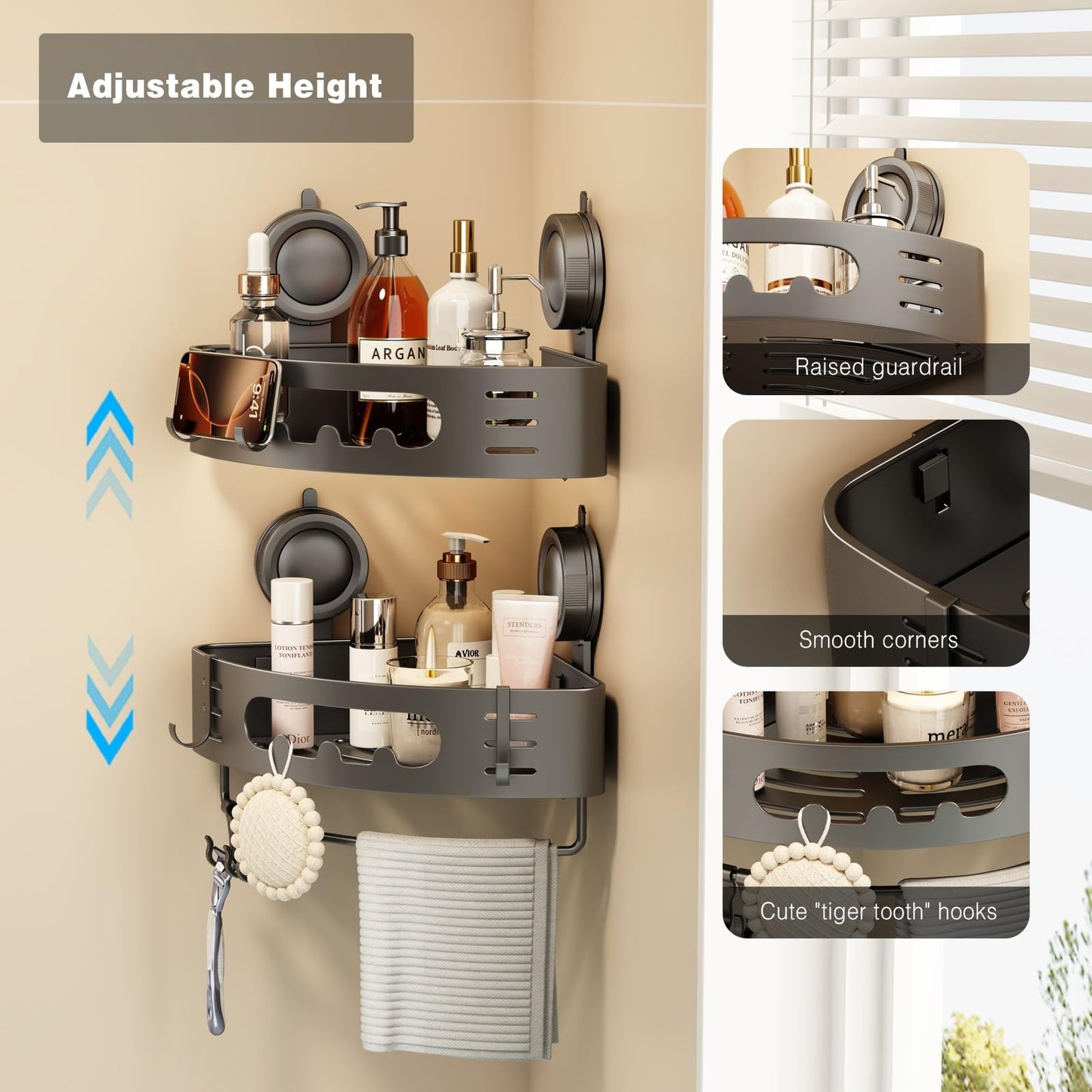 Voldra Corner Shower Caddy Suction Cup, Aluminum Corner Shower Shelves for Wall No Drilling, Large Suction Cup Shower Organizer with Towel Bar & Hooks Removable Bathroom Storage Rack(2 Pack-Gray)