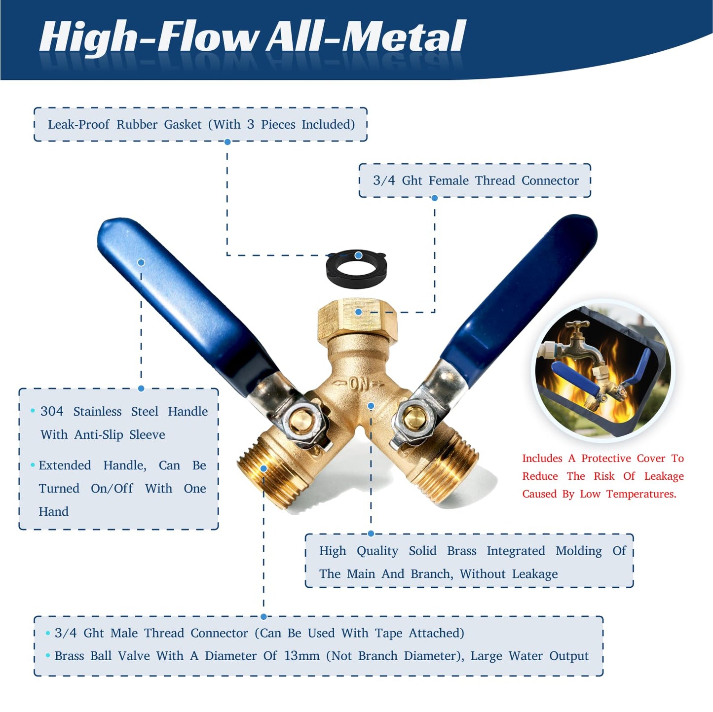 Garden Hose Splitter 2 Way Heavy Duty Brass Hose Splitter With 304 Stainless Steel Long Handle & Winter Faucet Protector, 3/4" Y Valve Thread High Flow Outdoor Faucet Splitter
