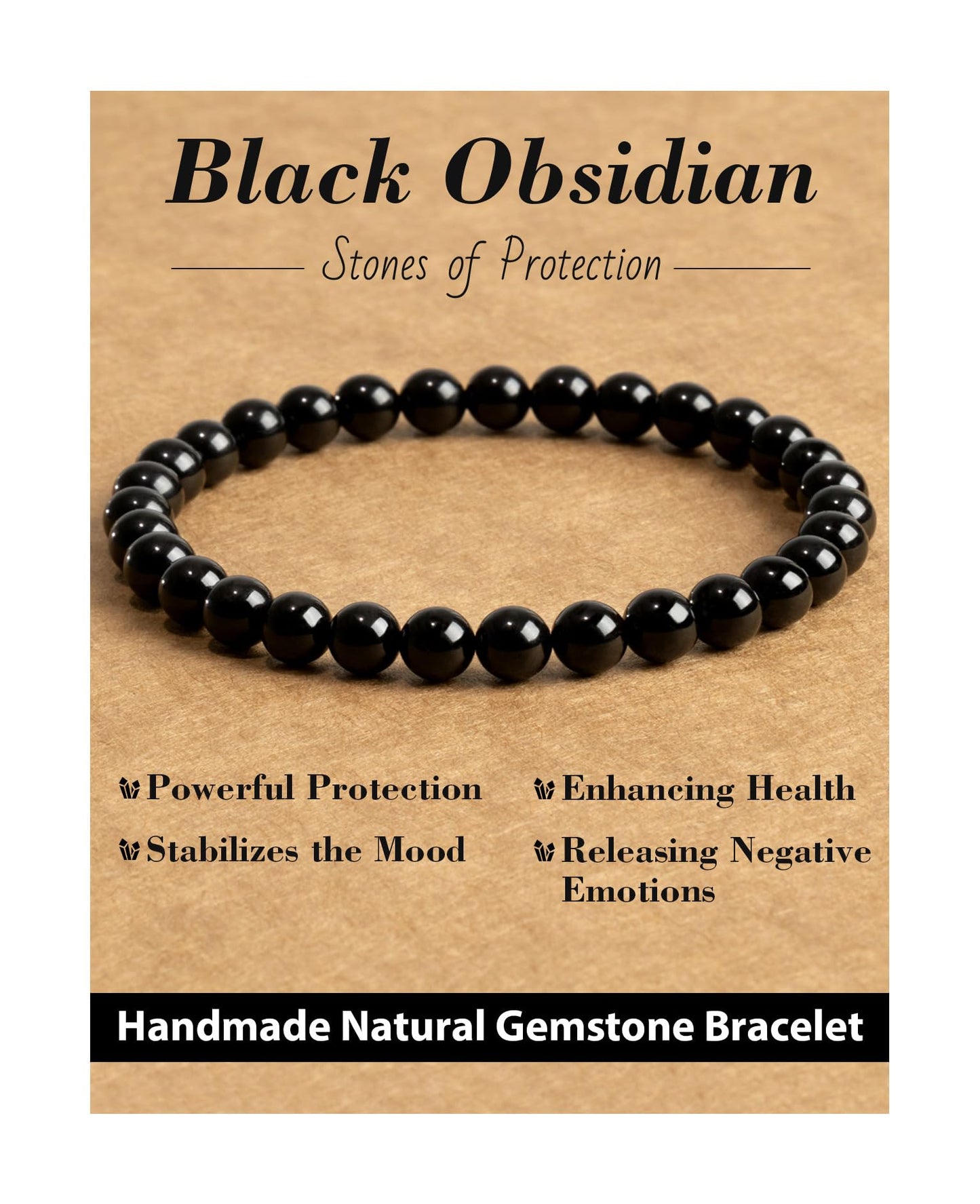 Landorilo Beaded Bracelet for Men Women, 6mm Natural Stone Black Obsidian Healing Crystal Stretch Bracelets, Ideal Christmas Birthday Jewelry Gifts with Energy Card，Replacement Beads Included