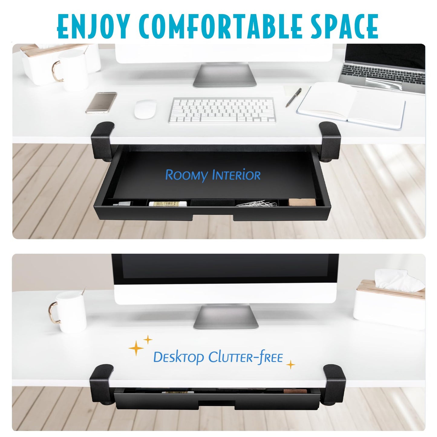 EHO Under Desk Slide-Out Storage Drawer, Large 20" x 11.8" Clamp-On Pull-Out Organizer with Adjustable Height, Space-Saving Tray for Office Supplies and Accessories, TAA-Compliant