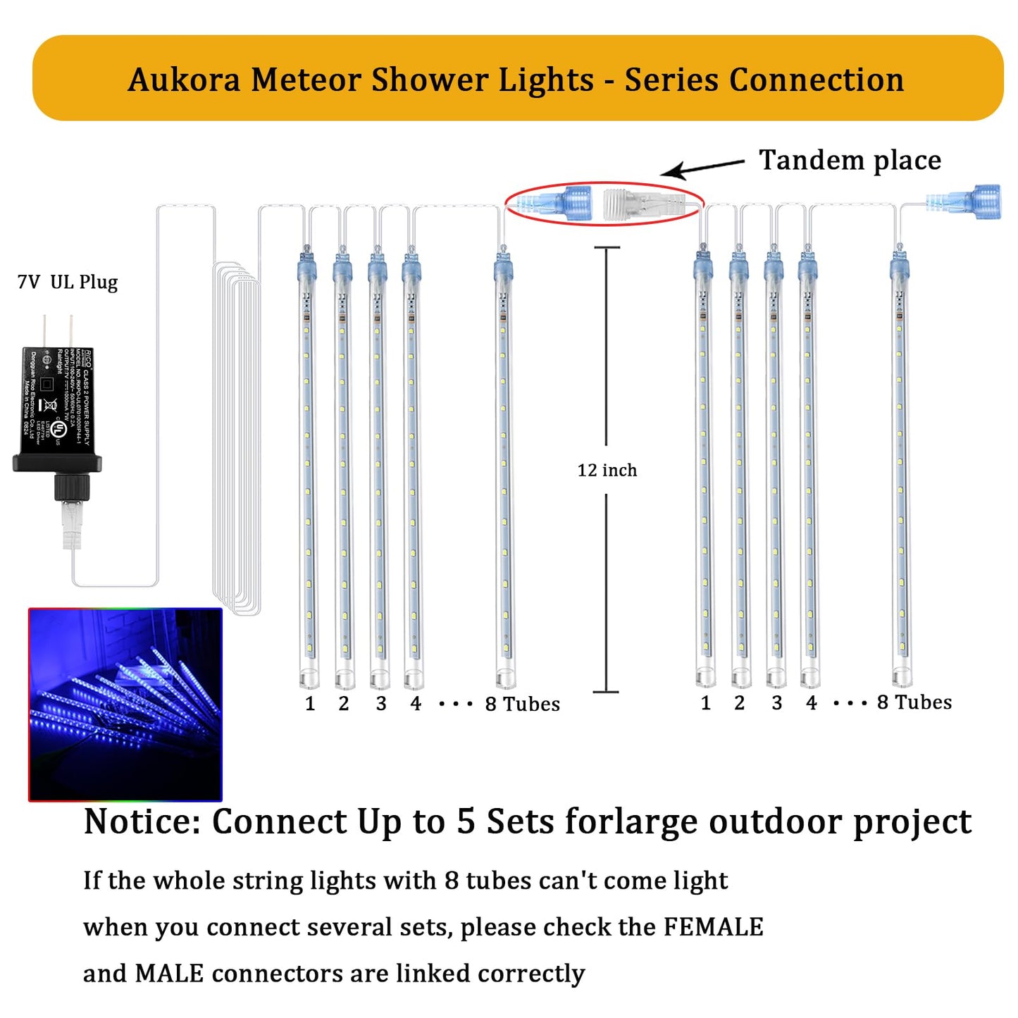 Aukora Christmas Lights Outdoor Meteor Shower Lights 12 inch 8Tubes 192LED UL Certified Falling Rain Drop Snow Icicle String Light for Xmas Tree Christmas Decorations Party Wedding Holiday Yard Blue