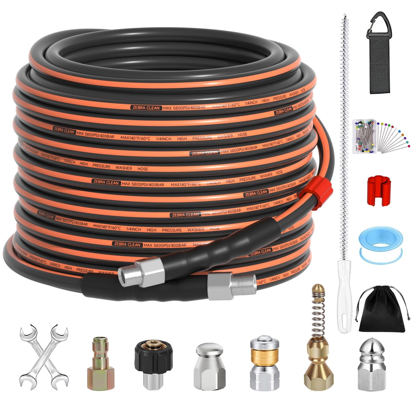 50FT Sewer Jetter Kit for Pressure Washer, 1/4" NPT Corner Drain Cleaner Hose 5800 PSI with Sewer Jetting Nozzles, Pearl Corsage Pin, Waterproof Tape, Extension Cord Organizer&2 Spanner