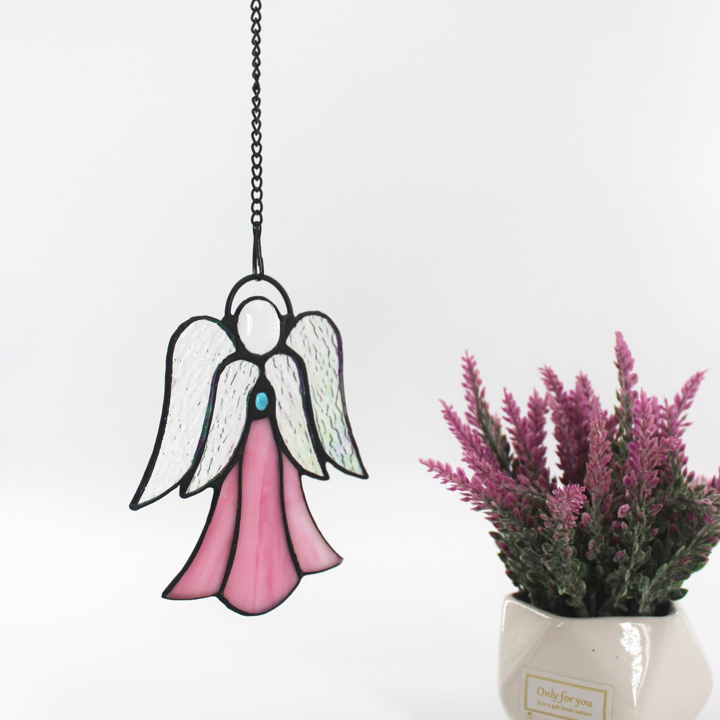 Stained Glass Angel Window Hanging Pink Angel Sun Catcher Handmade Home Ornament Decor Thank You Mother Gifts for Family,Friends,Nurse,Memorial