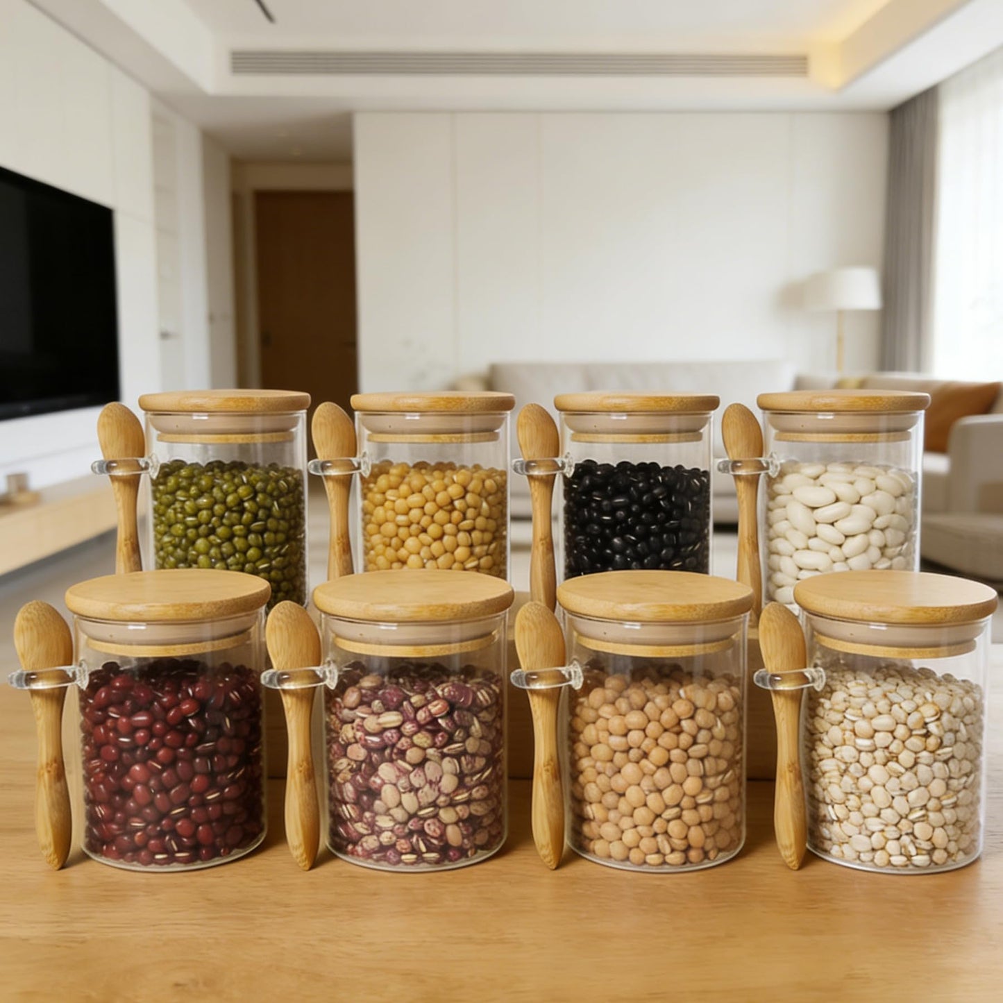 Livejun 7.6 oz Airtight Mini Glass Jars with Bamboo Lids and Bamboo Spoons, Spice Jars Small Food Storage Containers for Kitchen, Bathroom, Home Decor Set of 8