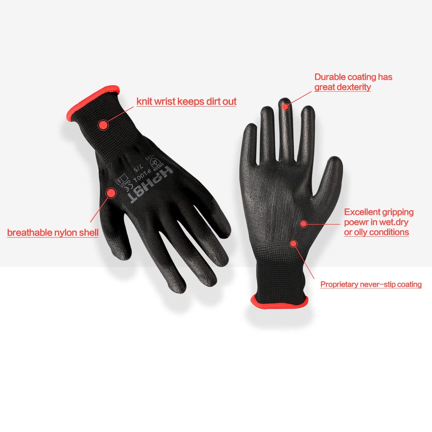 HPHST PU Coated Safety Work Gloves, 12 Pairs, Black, X-Large