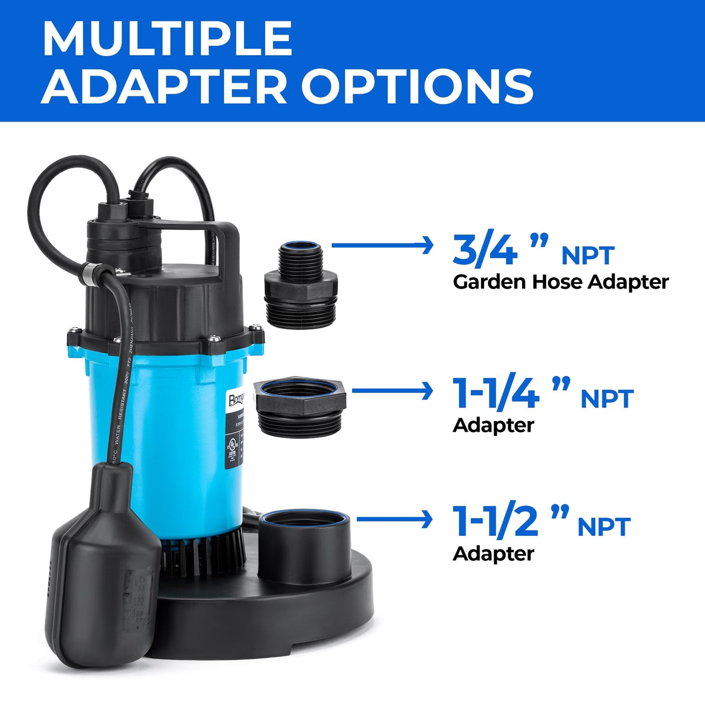 BOMGIE 1/2HP Sump Pump 2980GPH Submersible Water Pump with Automatic Float Switch, Clean/Dirty Water Utility Pump for Pool Draining, Basement Flooding, Irrigation with 10ft Power Cord