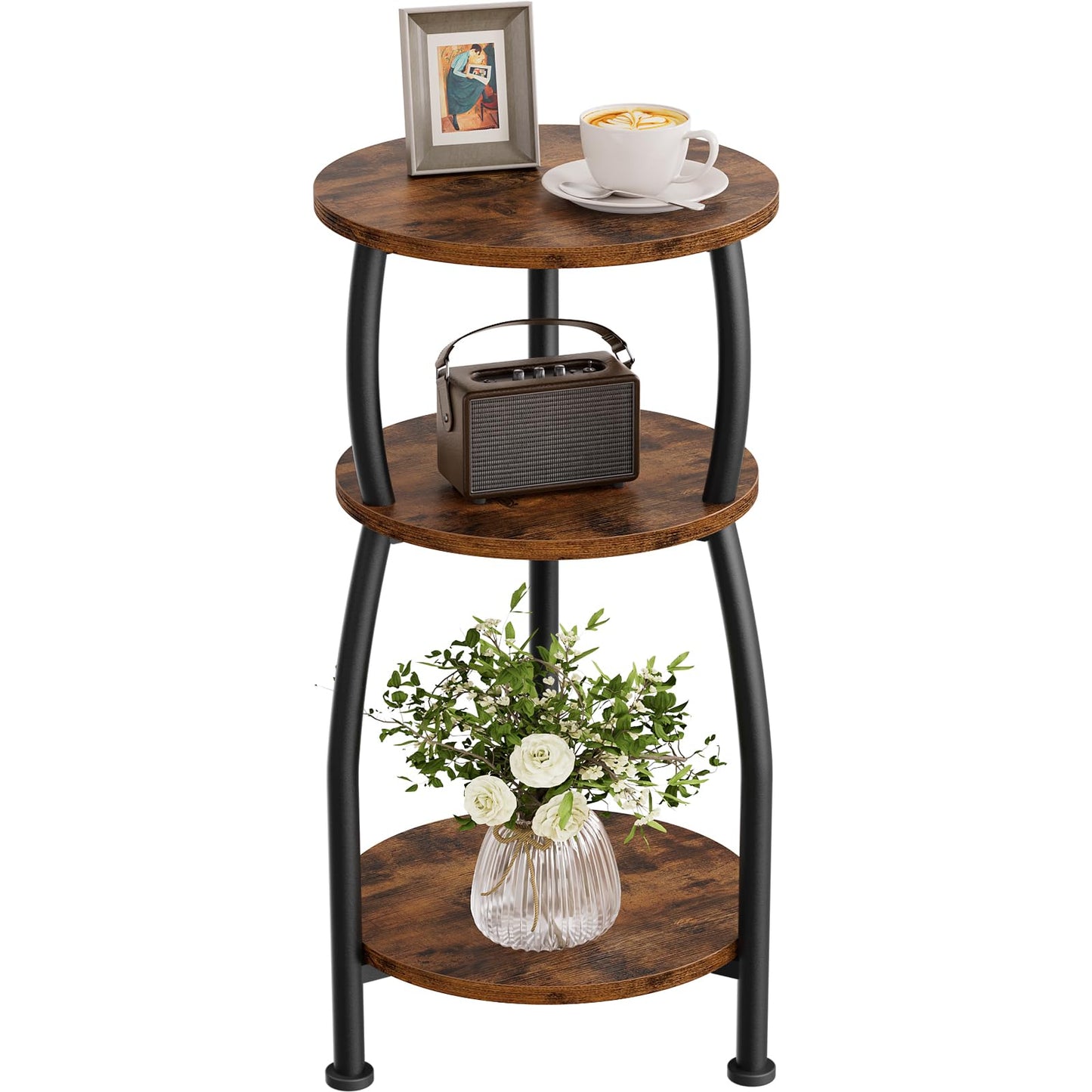 Yuede Small Round Side Table, 3-Tier End Table with Storage Shelf, Slim Coffee Table for Small Spaces, Industrial Sofa Table for Narrow Gaps in Living Room & Bedroom, Rustic Brown
