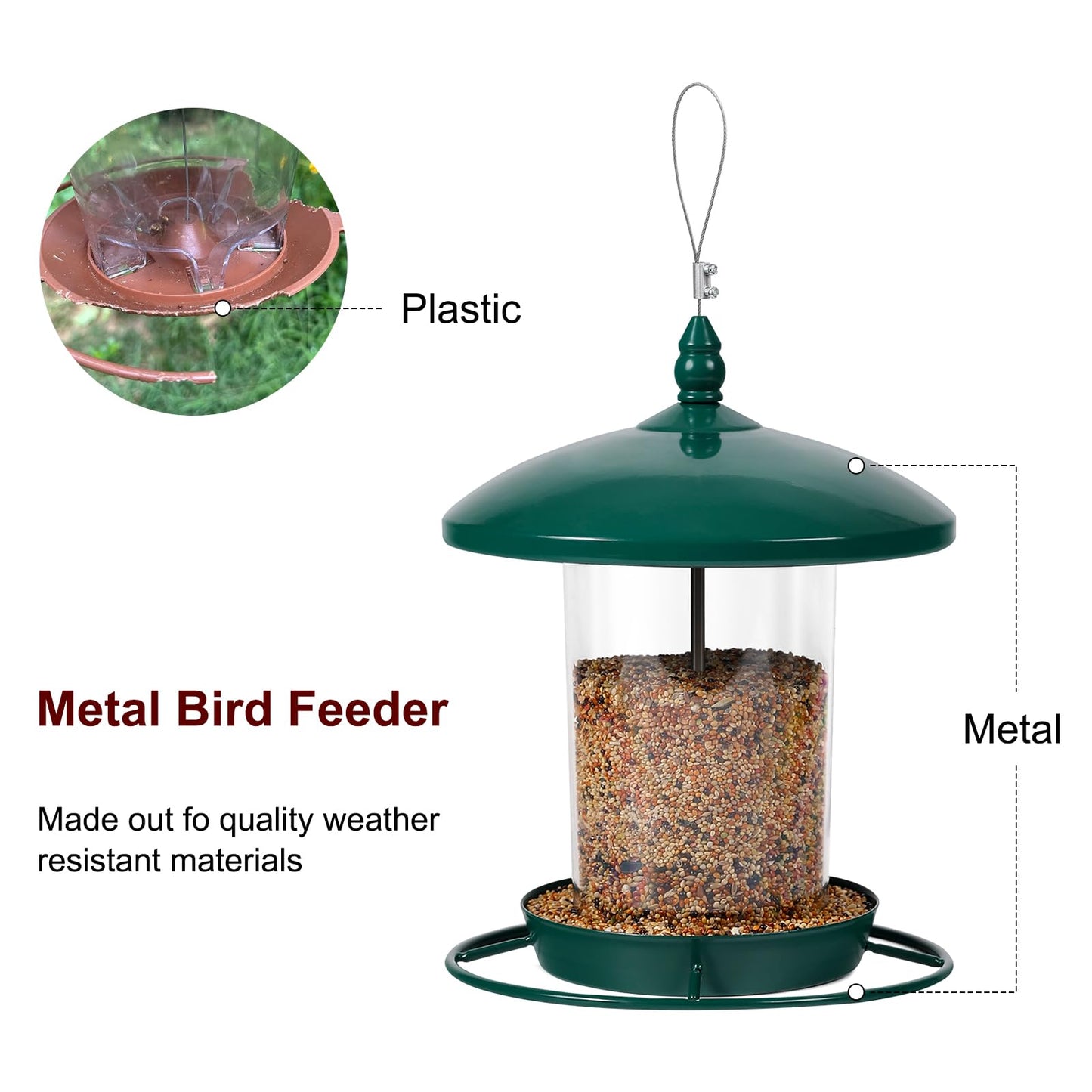 Metal Bird Feeder for Outdoors Hanging,3.0LB Seed Feeder,Easy to Fill & Clean,360° Feeding,Chew Proof Weatherproof Roof for Gardens and Wild Birds,Green
