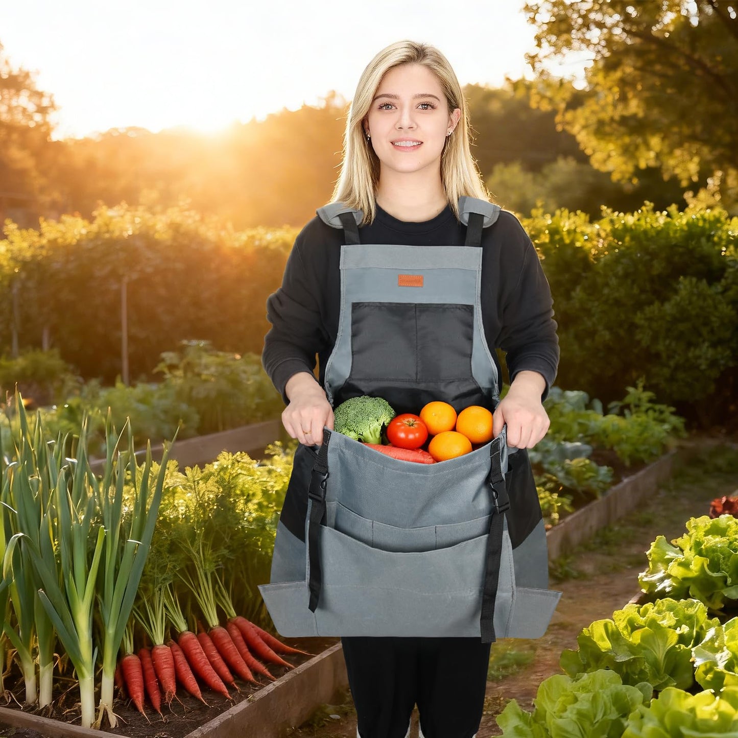 Garden Harvest Apron, Patioland Gray Adjustable Fruit Picking Apron w/Bottom Release Pocket,Gardening Apron with Gloves for Women & Men, Fruit Picking and Foraging Apron for Gardeners, Gardening Gifts