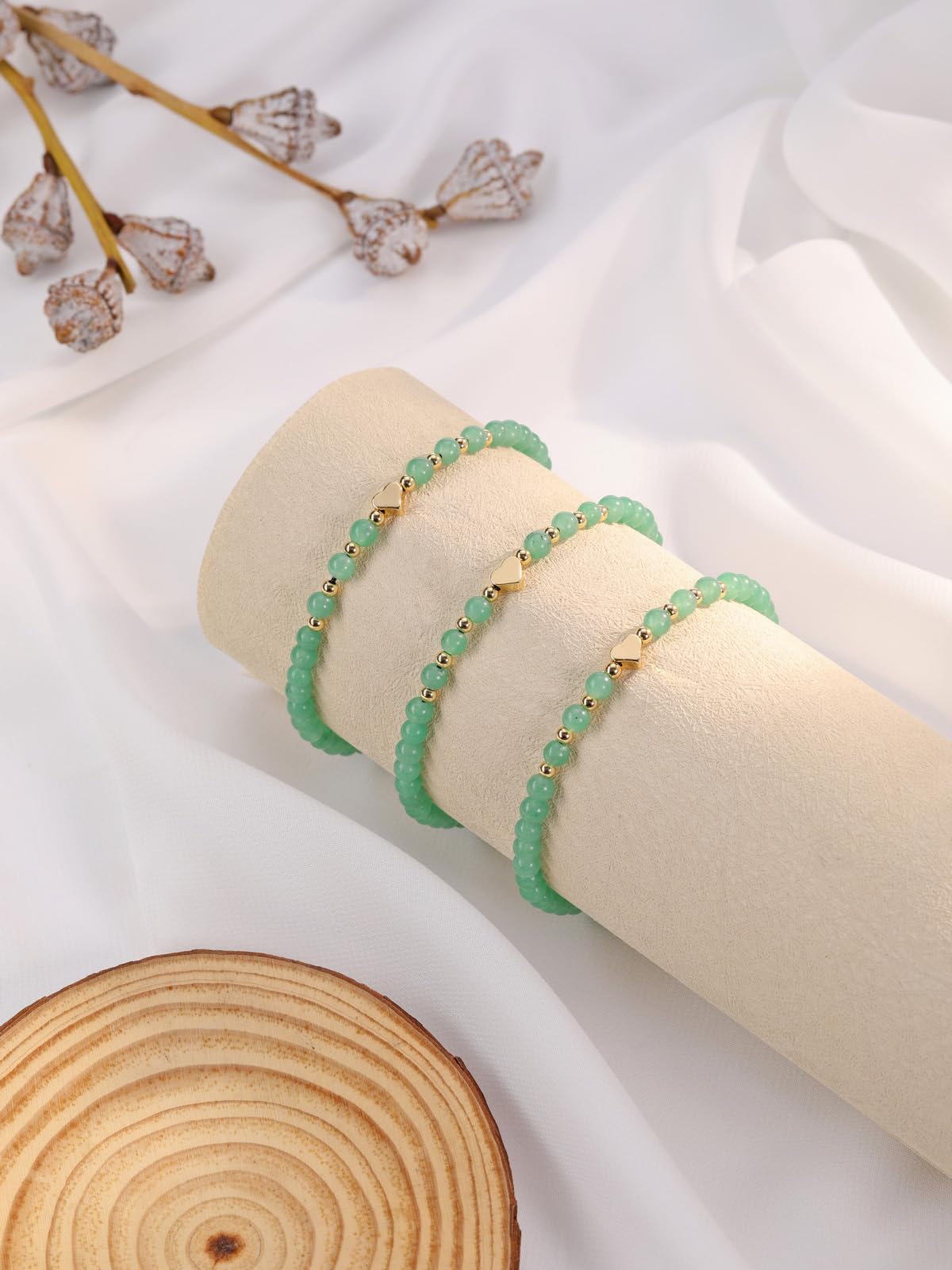Top Plaza 2Pcs Natural Rose Quartz Green Aventurine Crystal Bracelets for Women 4mm Handmade Gemstone Beaded Bracelet Healing Crystal Yoga Meditation Gold Heart Charm Bracelet Jewelry Christmas Gifts
