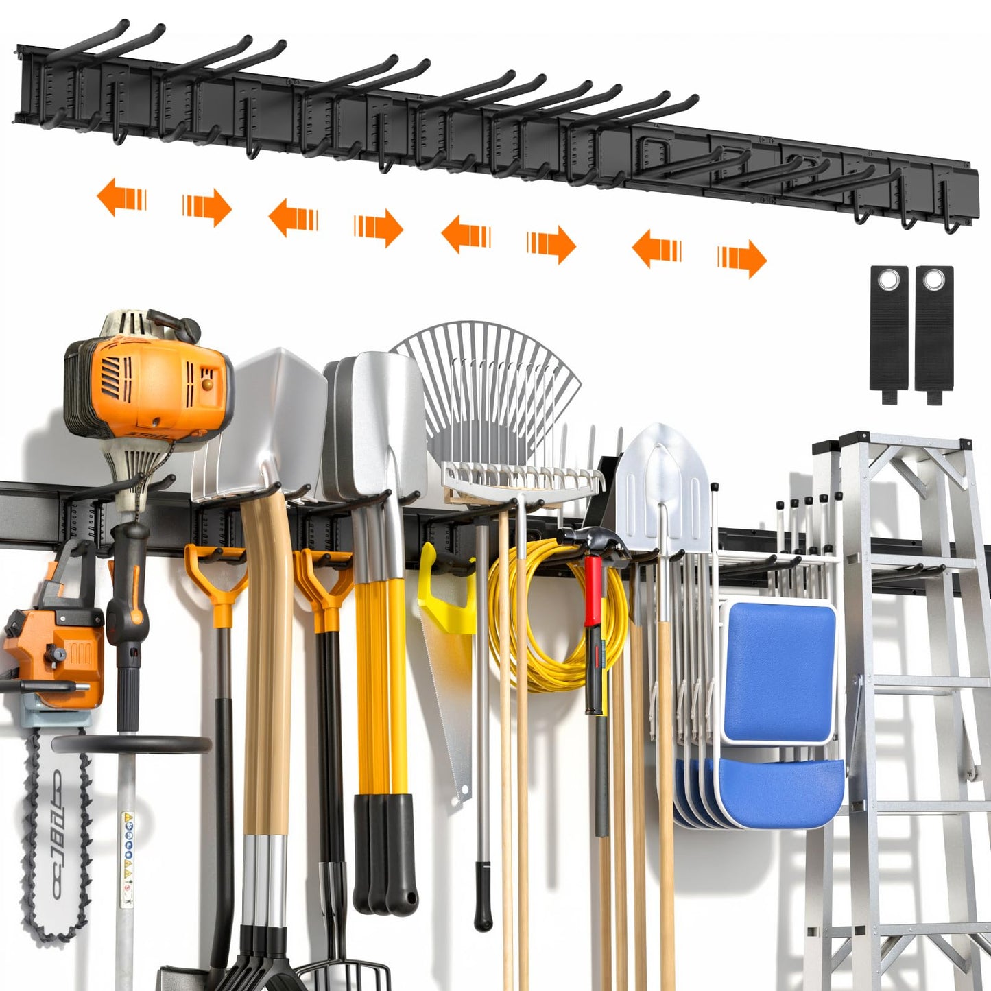 Housolution Heavy Duty Garage Wall Organizer 64 Inch - 18Pack Carries 570 lbs, Garage Tool Organizer Storage System, 4 Rails with 12 Adjustable Hooks, Garden Tool Organizer for Warehouse, Workshop