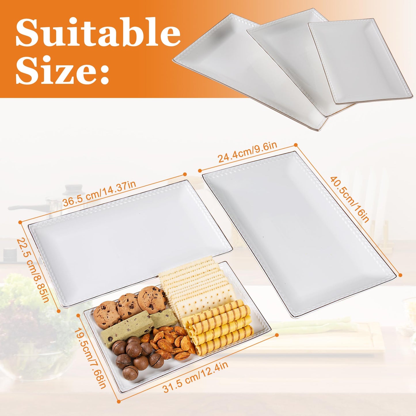 Kassel Ceramic Serving Platter Set | 16”/14”/12” Rectangular Serving Trays for Entertaining at Parties and Weddings | Oven Safe Extra Large Serving Trays for Tacos, Steak, and Cake
