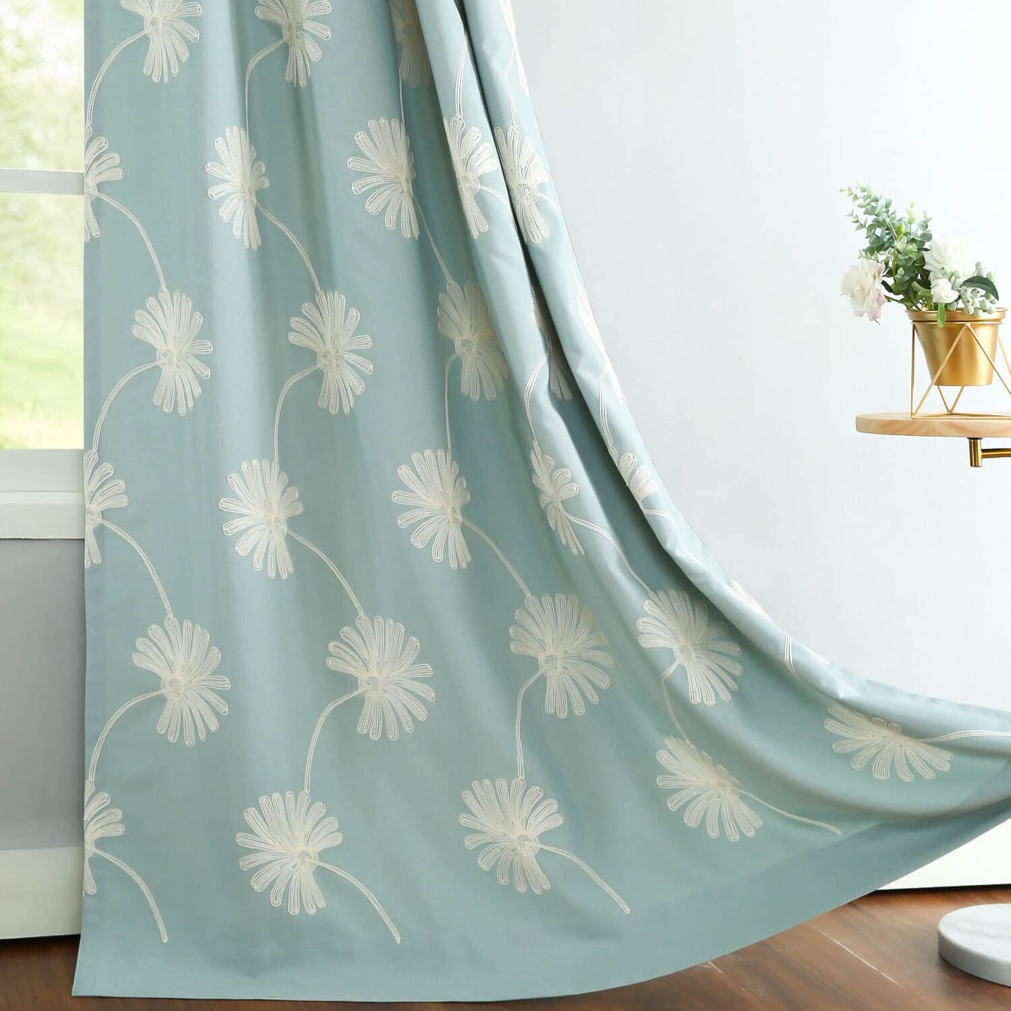VOGOL(2 Panels Floral Patten Embroidered Elegant Faux Linen Grommet Curtains/Thermal Insulated 60% Blackout/Heavy Drapes for Bedroom/Living Room,Energy Efficient Window Treatment Panels,52 x 84 Inch