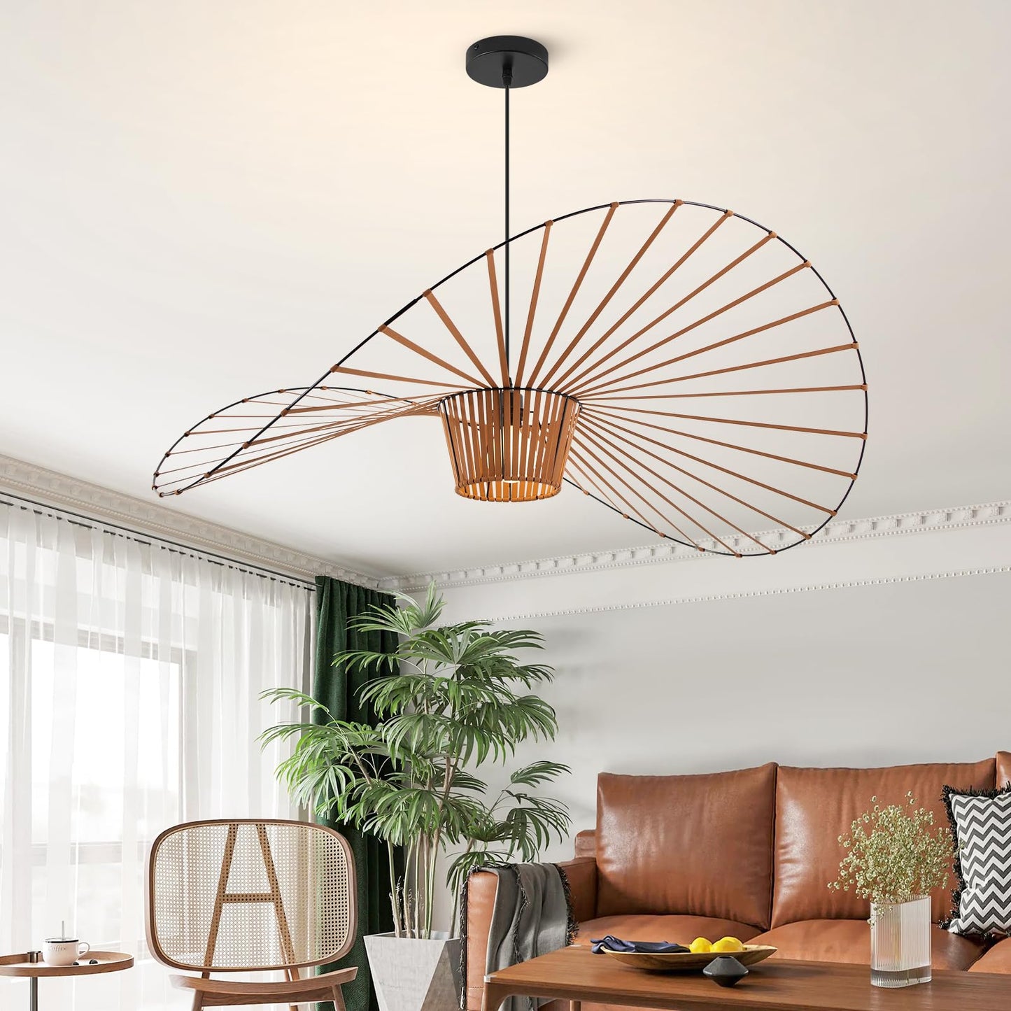 Brown Woven Chandelier, D39" Creative Straw Hat Shape Pendant Light Fixtures, Stretch Fabric+Fiberglass Material, Modern Boho Large Chandeliers, Suitable for Living Room, Bedroom, Dining Room, Office