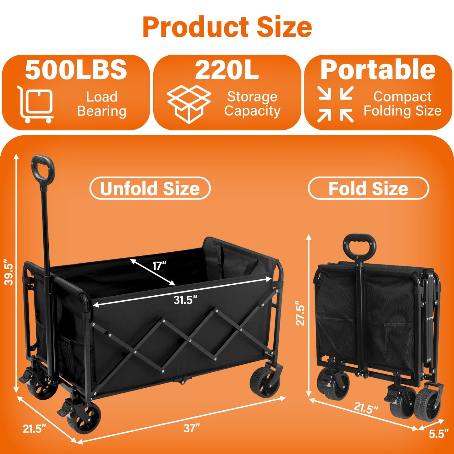 Wagons Carts Foldable — Heavy Duty Collapsible Wagon for Groceries, Apartment Moving & Storage Wagon cart with Wheels Foldable,Portable Folding Wagon for Yard Work, Travel, Shopping,Picnic & Beach